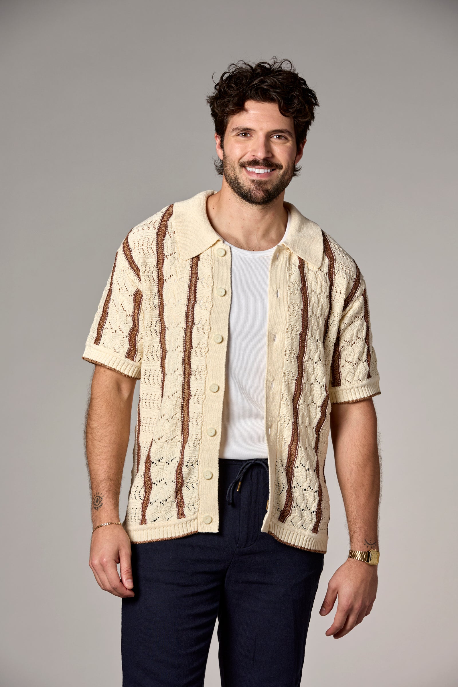 Striped Texture Knit Shirt Chocolate/Ivory
