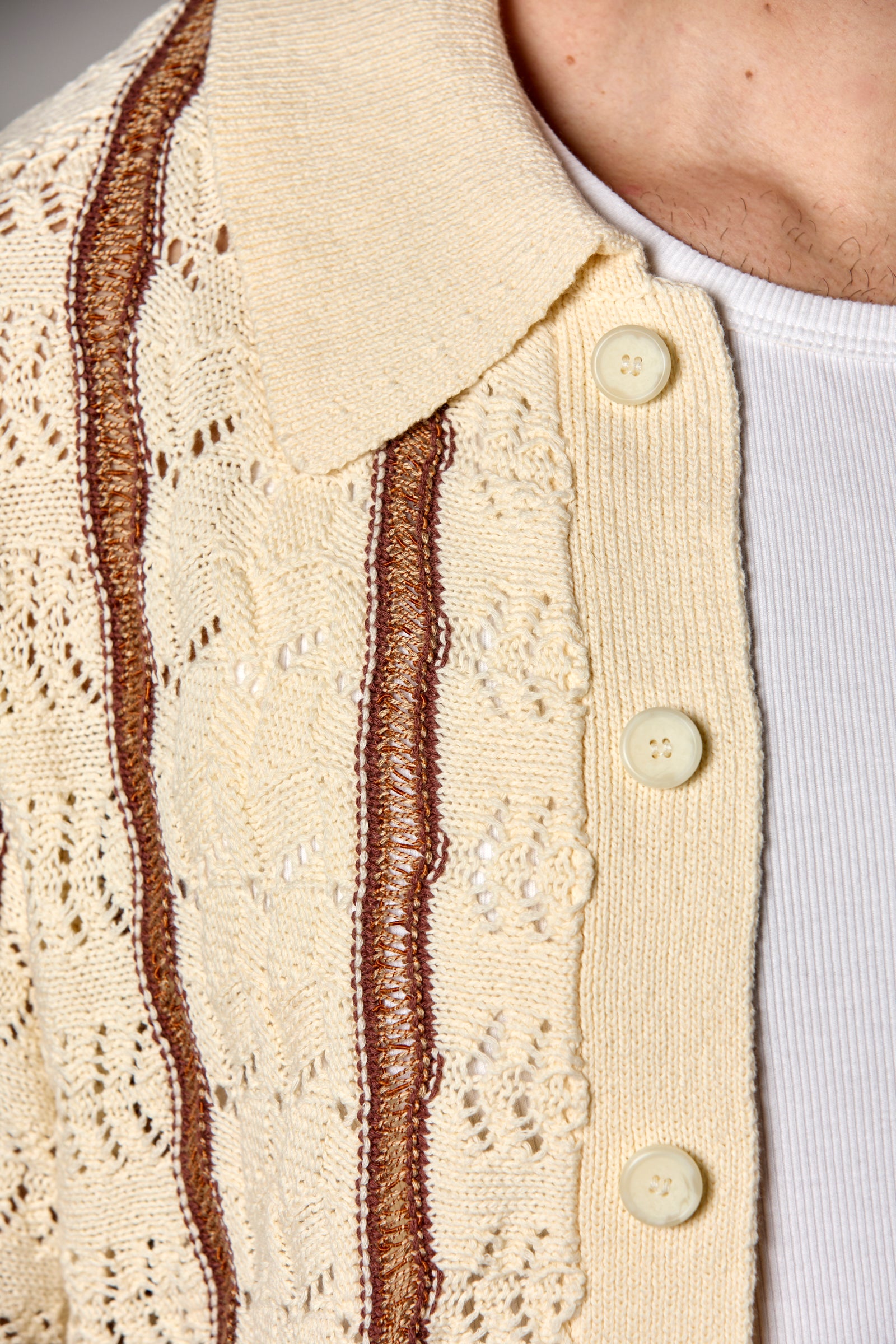 Striped Texture Knit Shirt Chocolate/Ivory