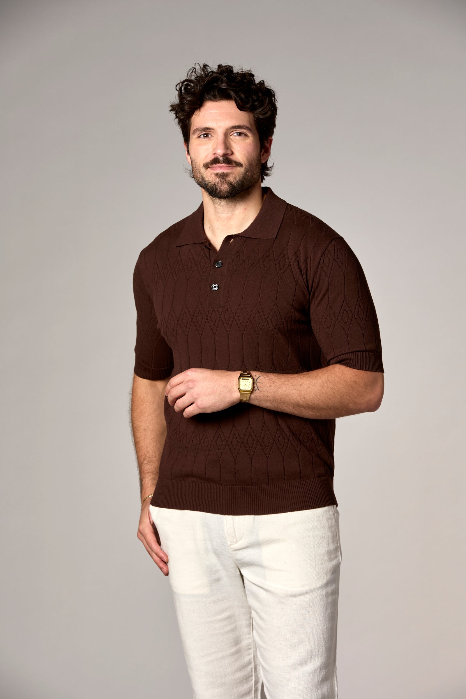 Pointelle Knit Polo Brown