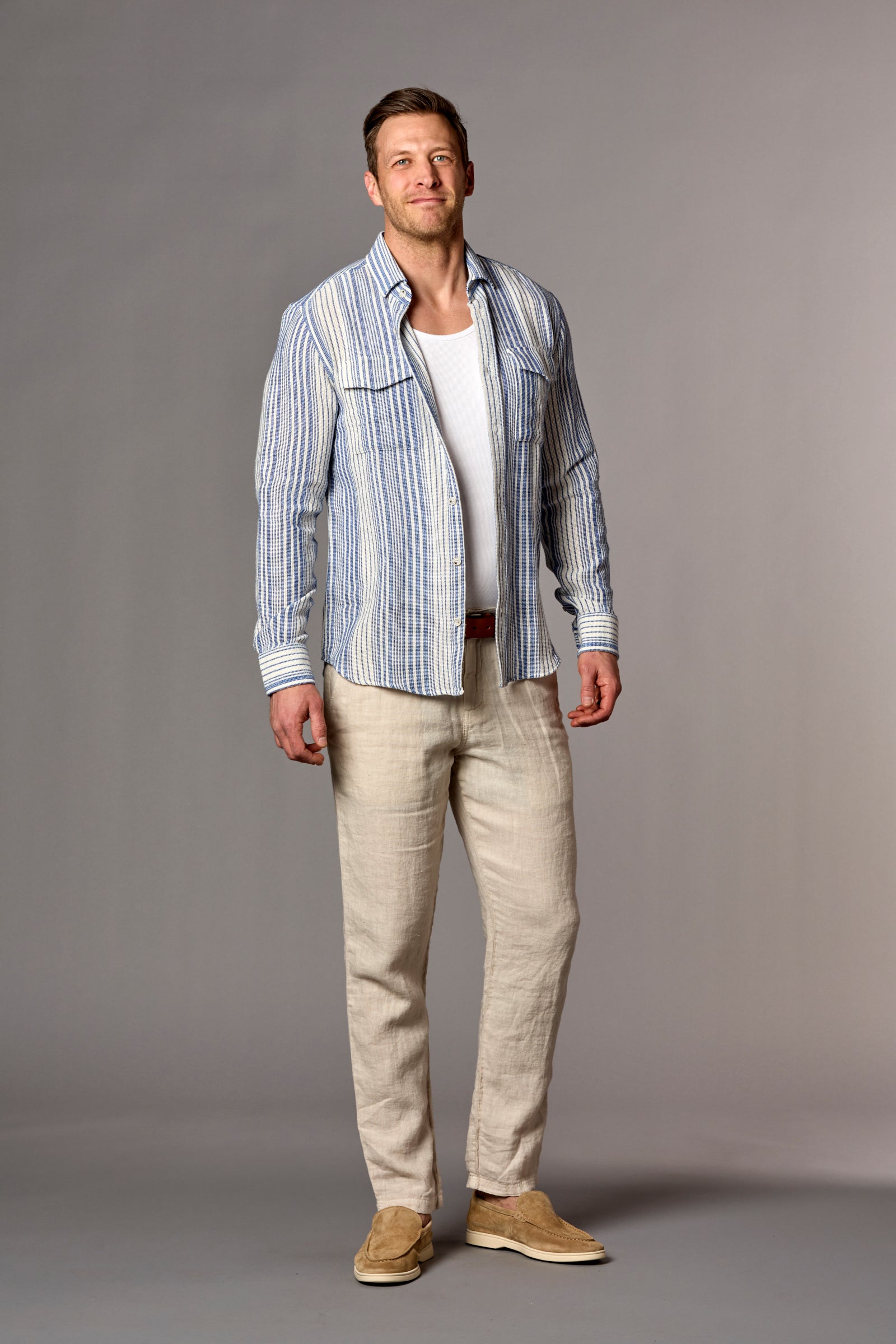Mixed Stripe Two Pocket Shirt Blue/Ecru
