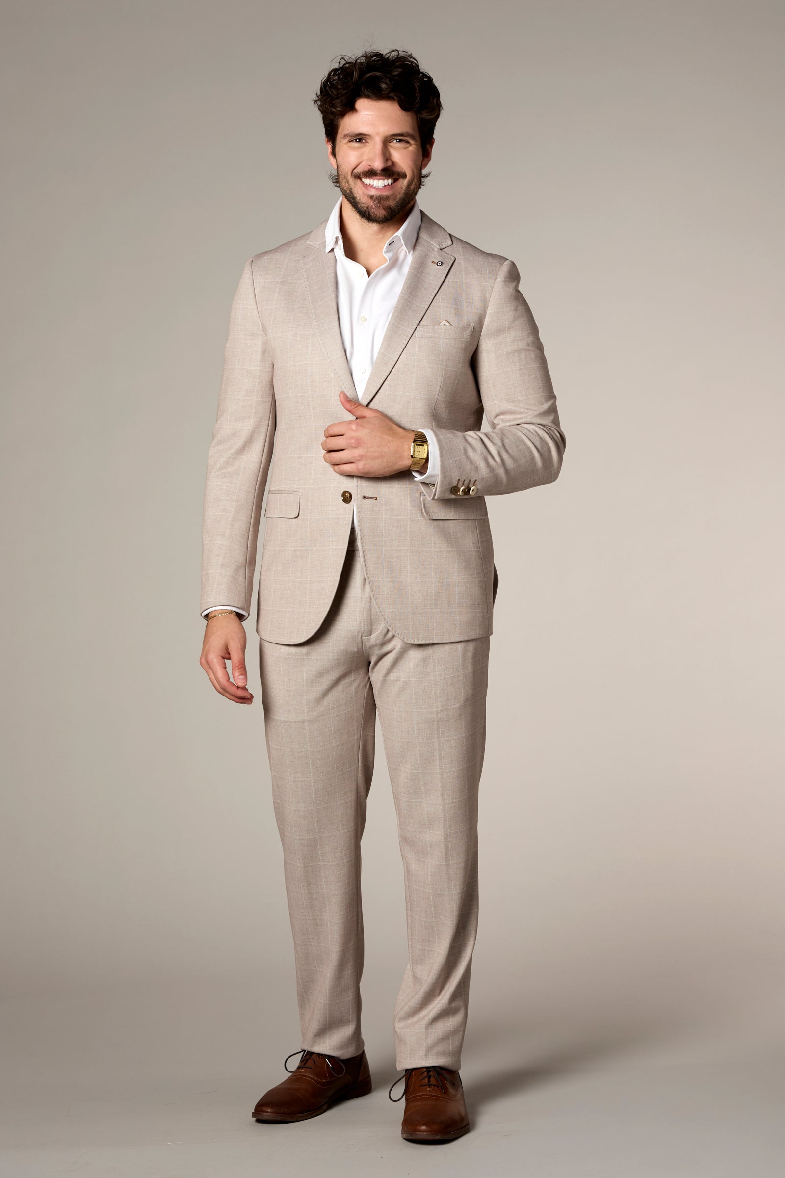 Stretch Knit Windowpane Blazer Sand
