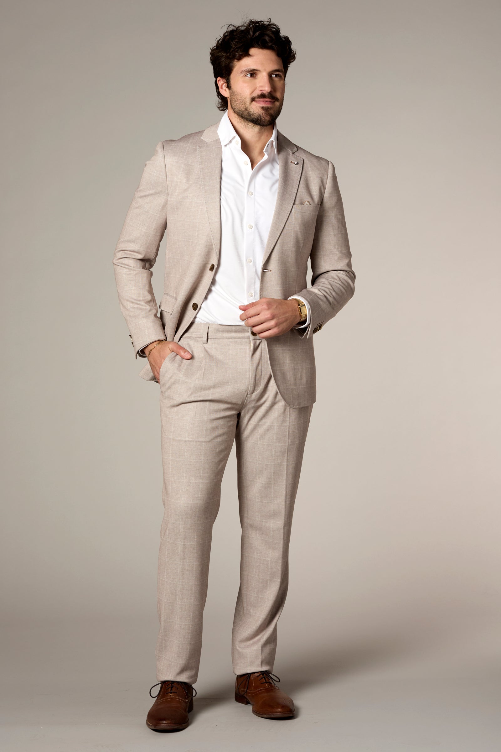 Stretch Knit Windowpane Trouser Sand