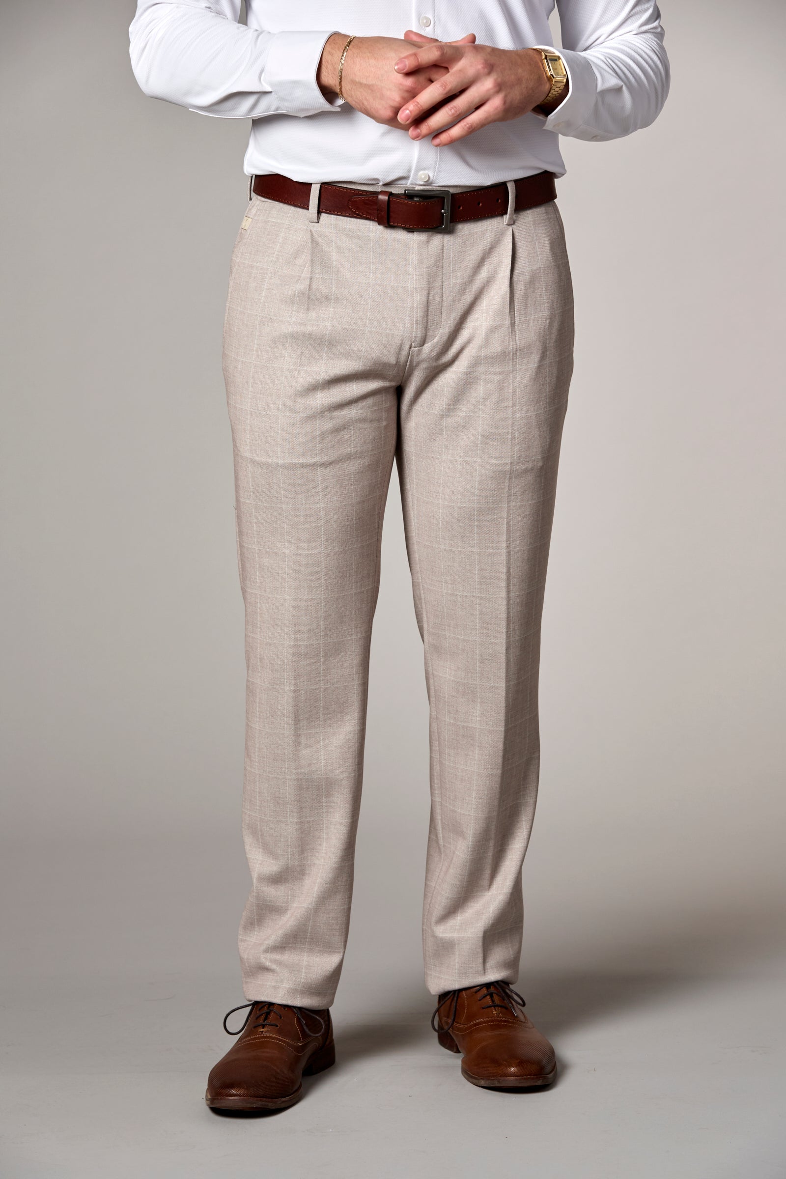 Stretch Knit Windowpane Trouser Sand