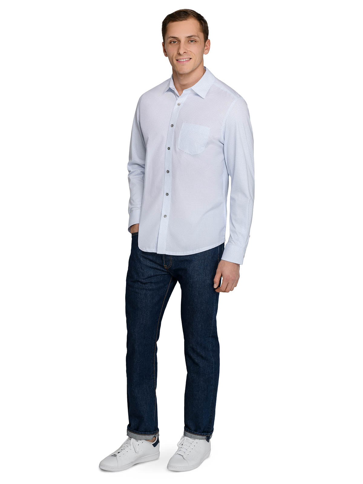 Micro Dash Reworked Woven Long Sleeve Basic White/Blue