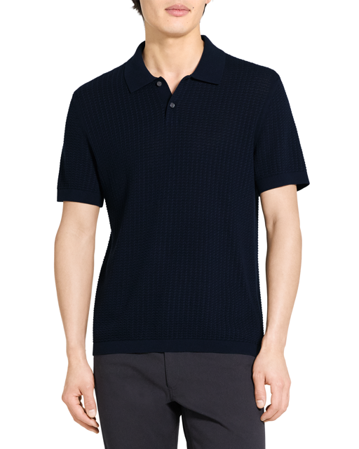 Cable Knit Polo in Tactile Cotton Baltic