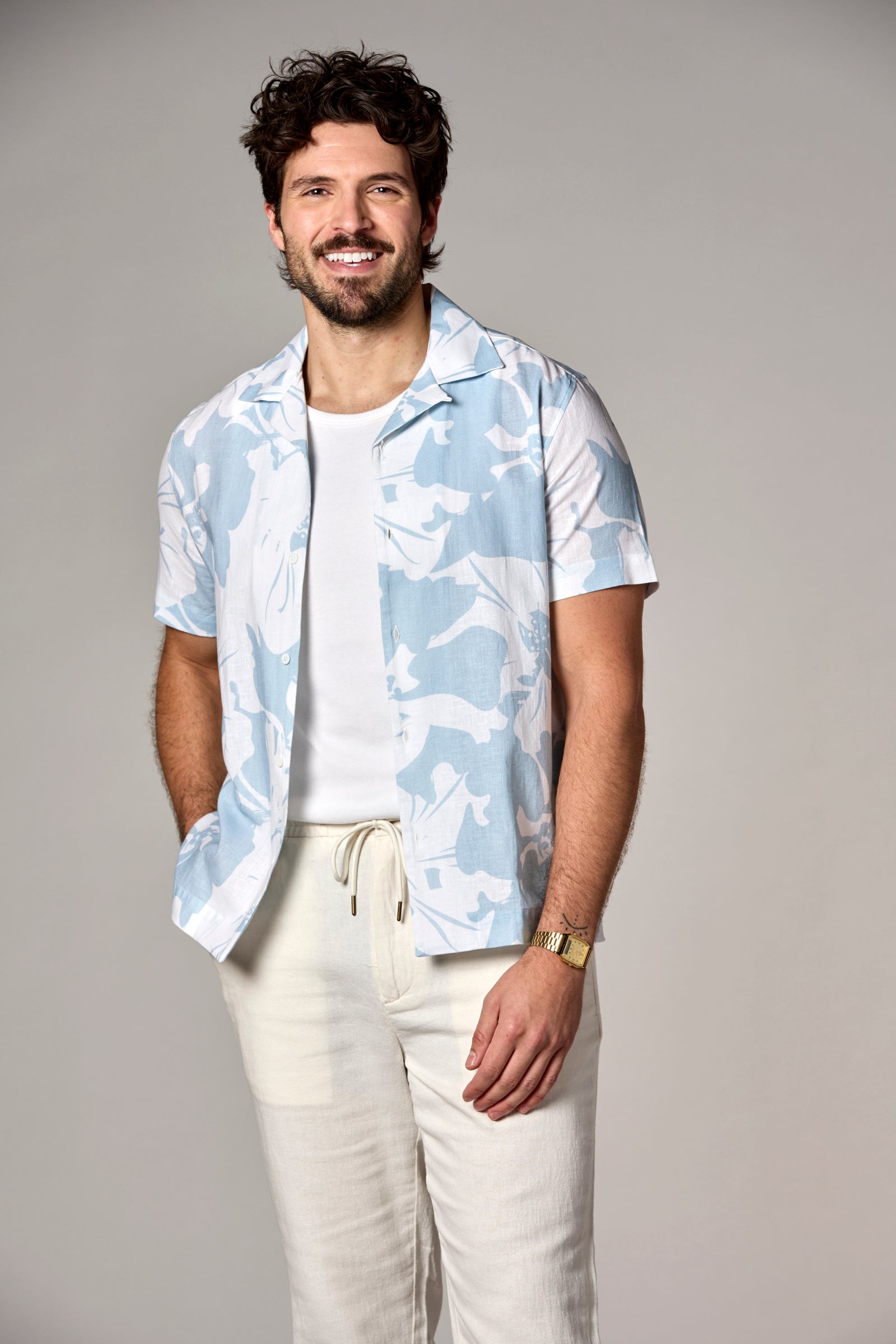 Bahamas S/S Linen Camp Shirt Light Blue Print