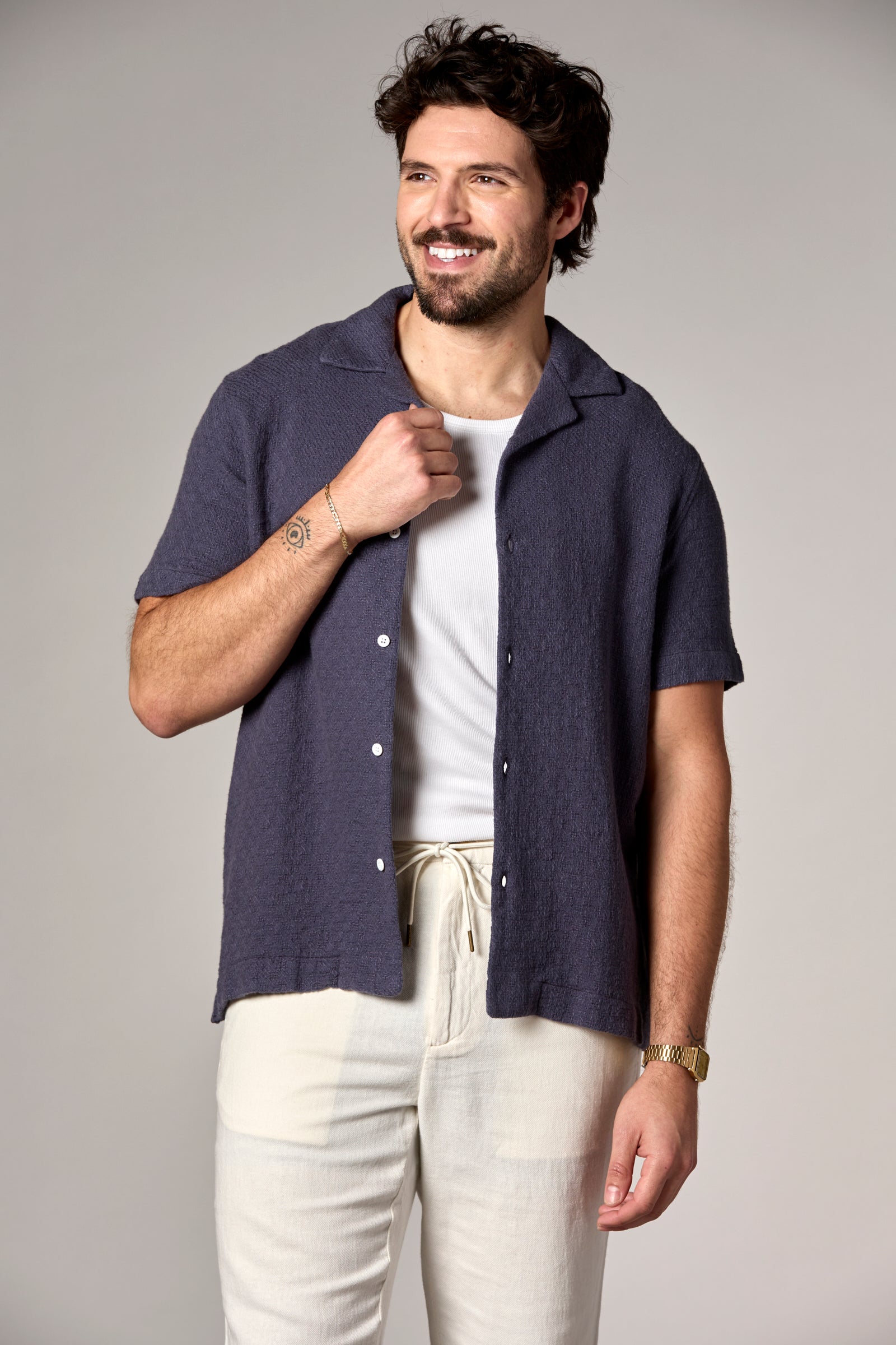 Bahamas S/S Garment Dyed Cotton/Linen Camp Shirt Navy