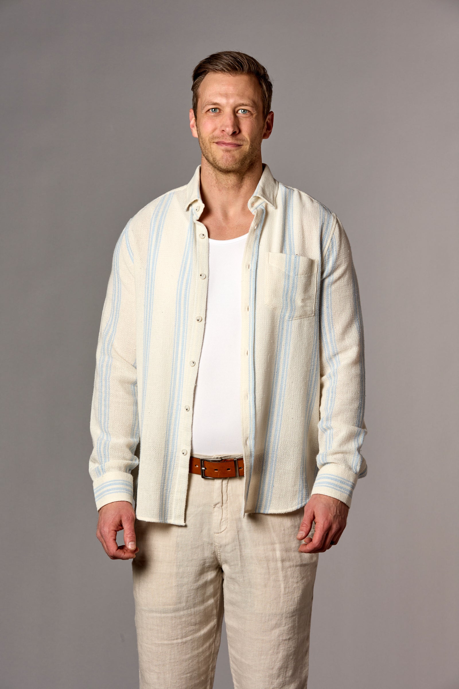 Double Stripe One Pocket Shirt Light Blue/Ecru