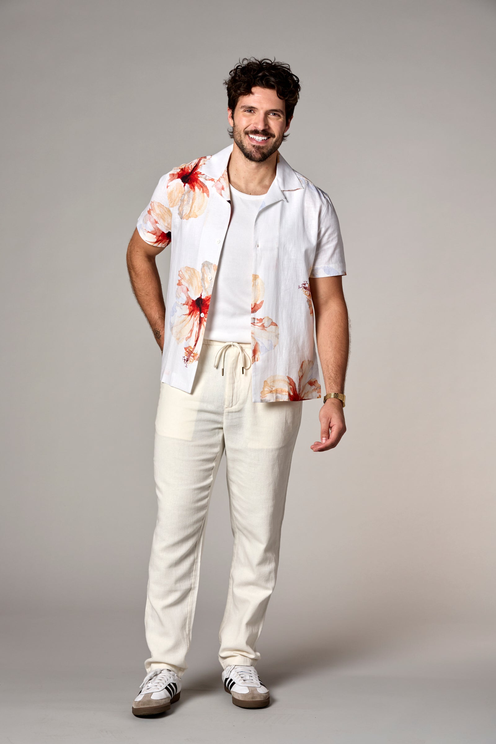 Bahamas S/S Linen Camp Shirt White Print