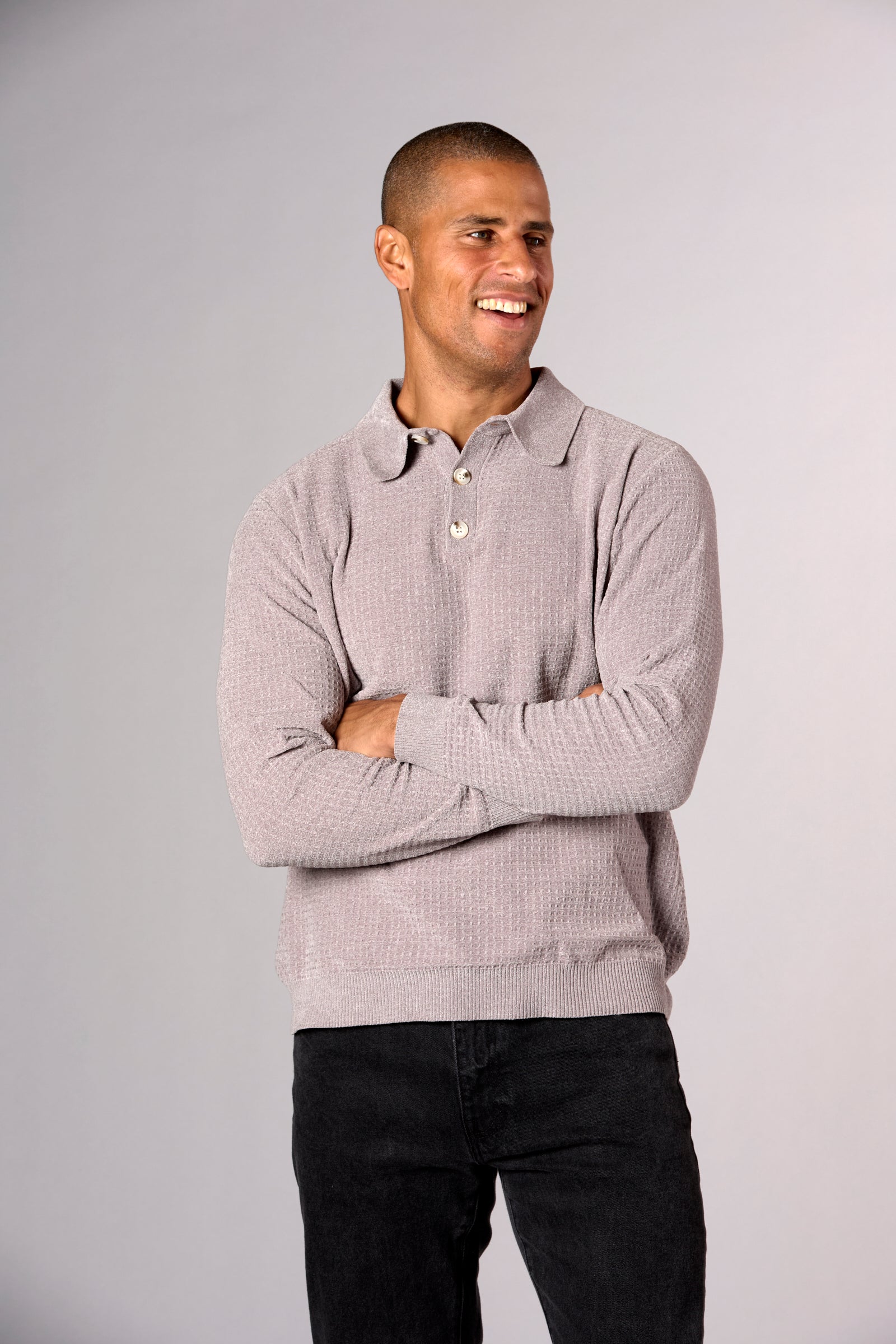 Chenille Waffle Stitch Polo Grey Heather