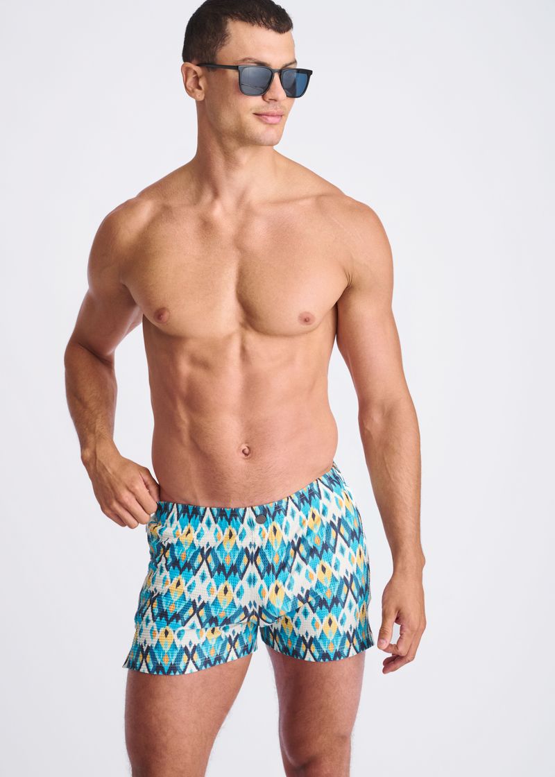 Printed Seersucker Swim Shorts Teal/Gold Diamonds