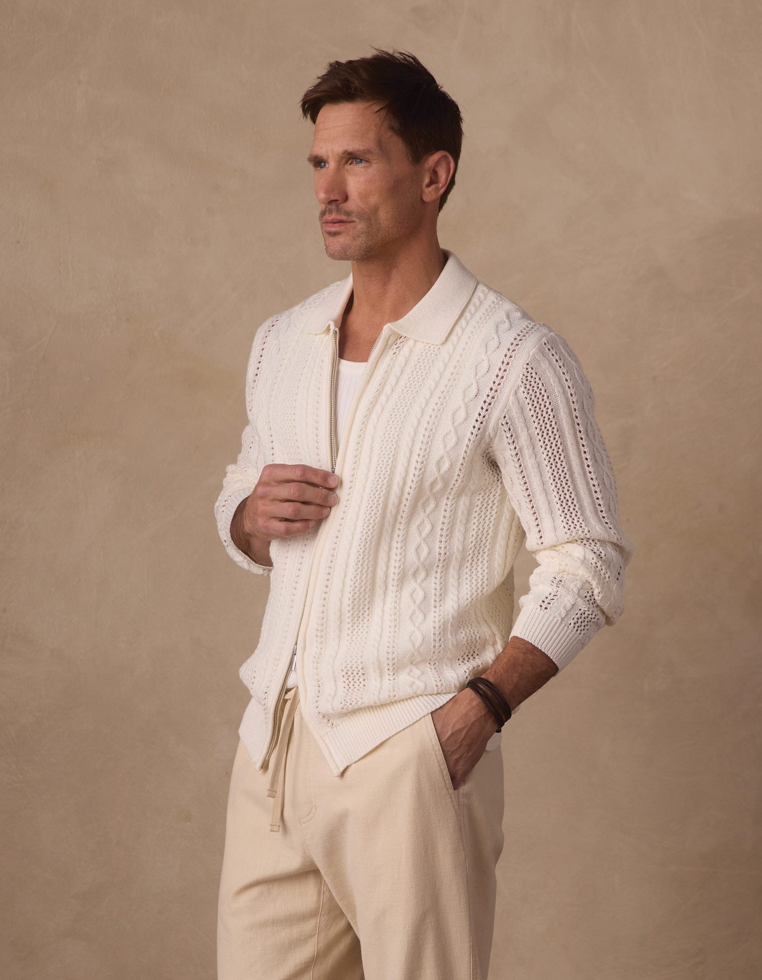 Jacquard Zip Front Cardigan Ivory
