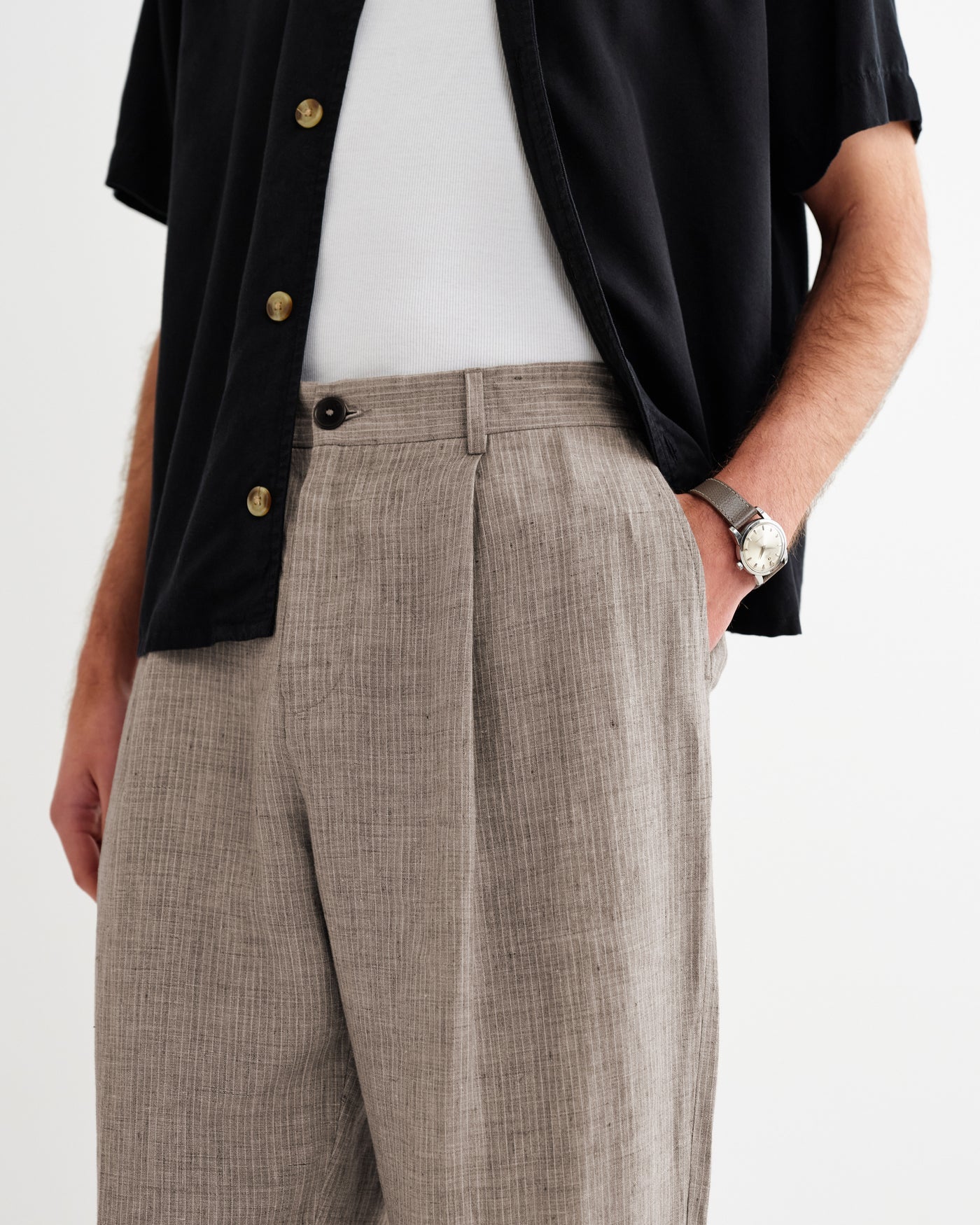 Malham Trouser in Linen Stripe Natural/Brown