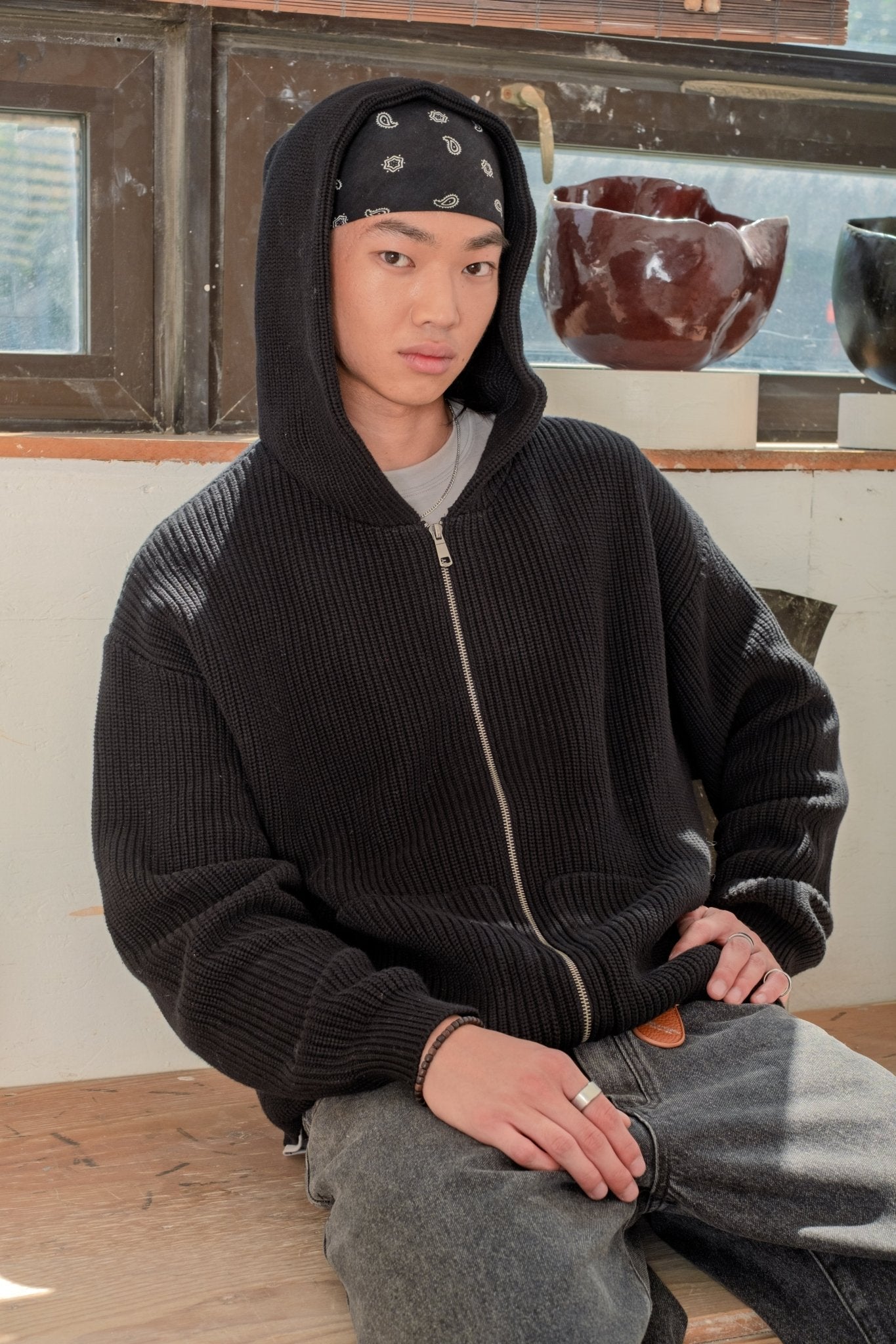 Knitted Zip Hoodie Black
