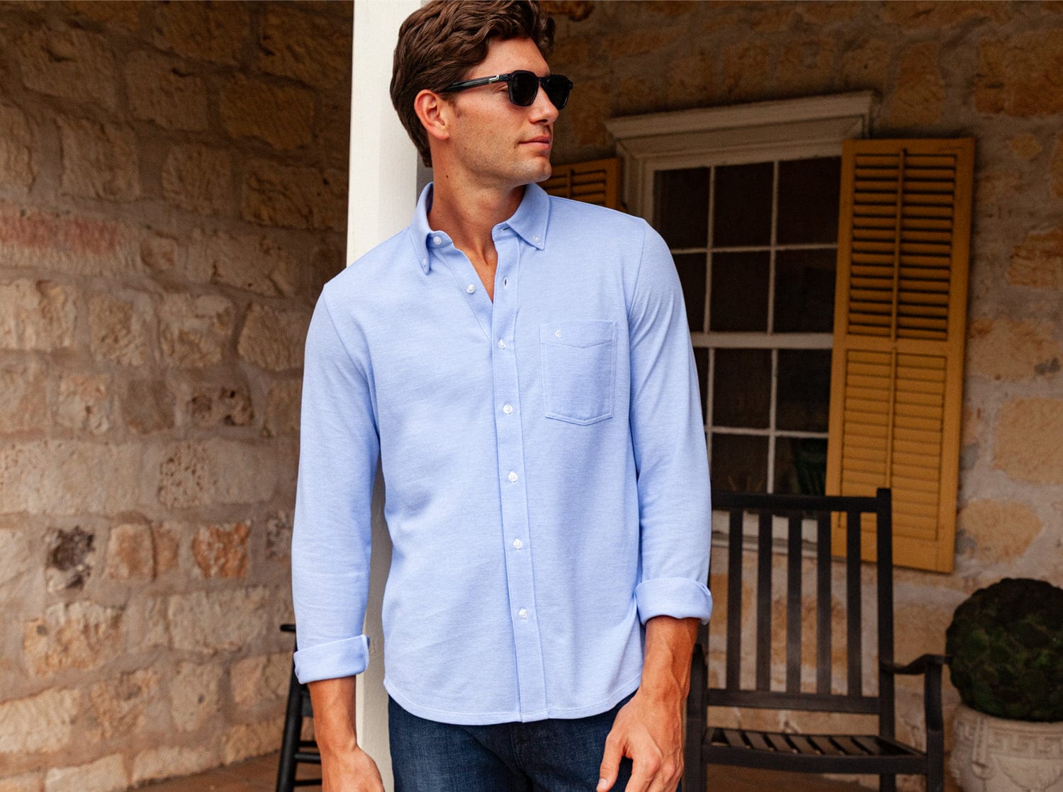 Oxford Knit Button Down Shirt Light Blue