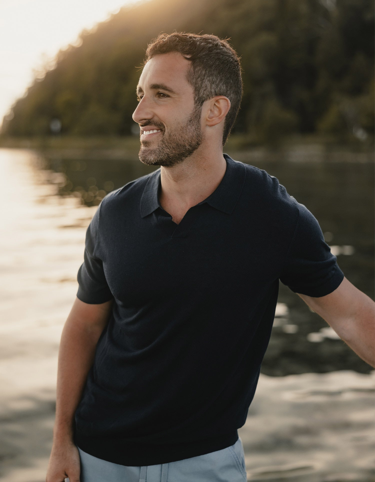 Summer Linen Blend Knit Polo Navy