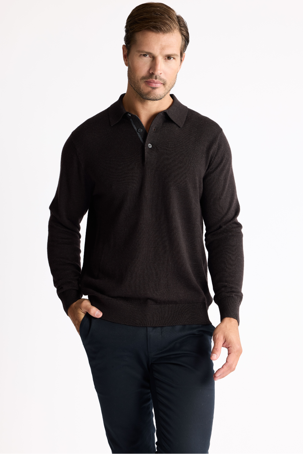 3 Button Merino Polo Espresso