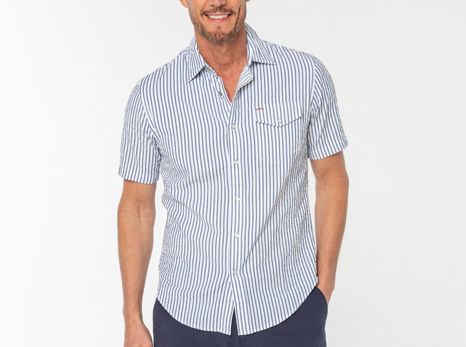 Seersucker Performance Pearl Snap Short Sleeve Shirt Navy
