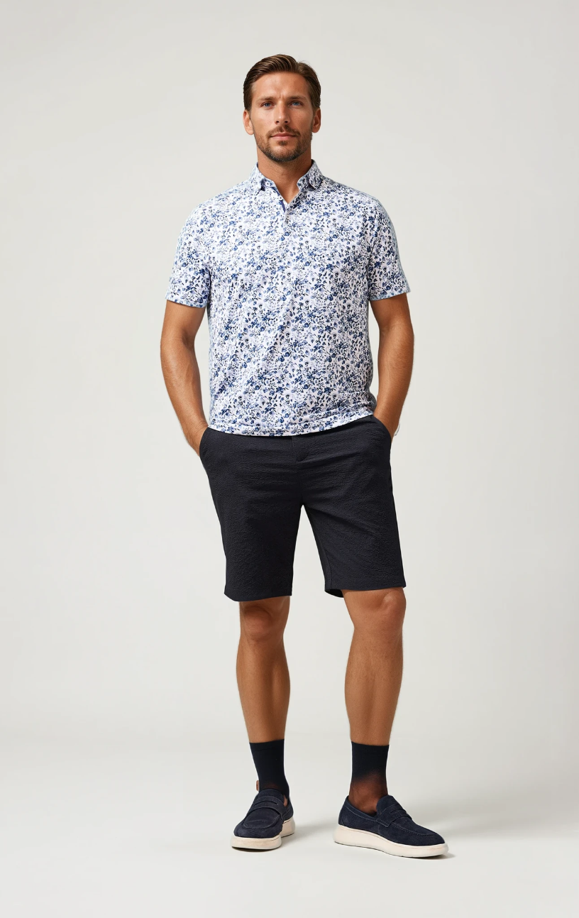 Floral Techno Stretch Polo Medium Blue
