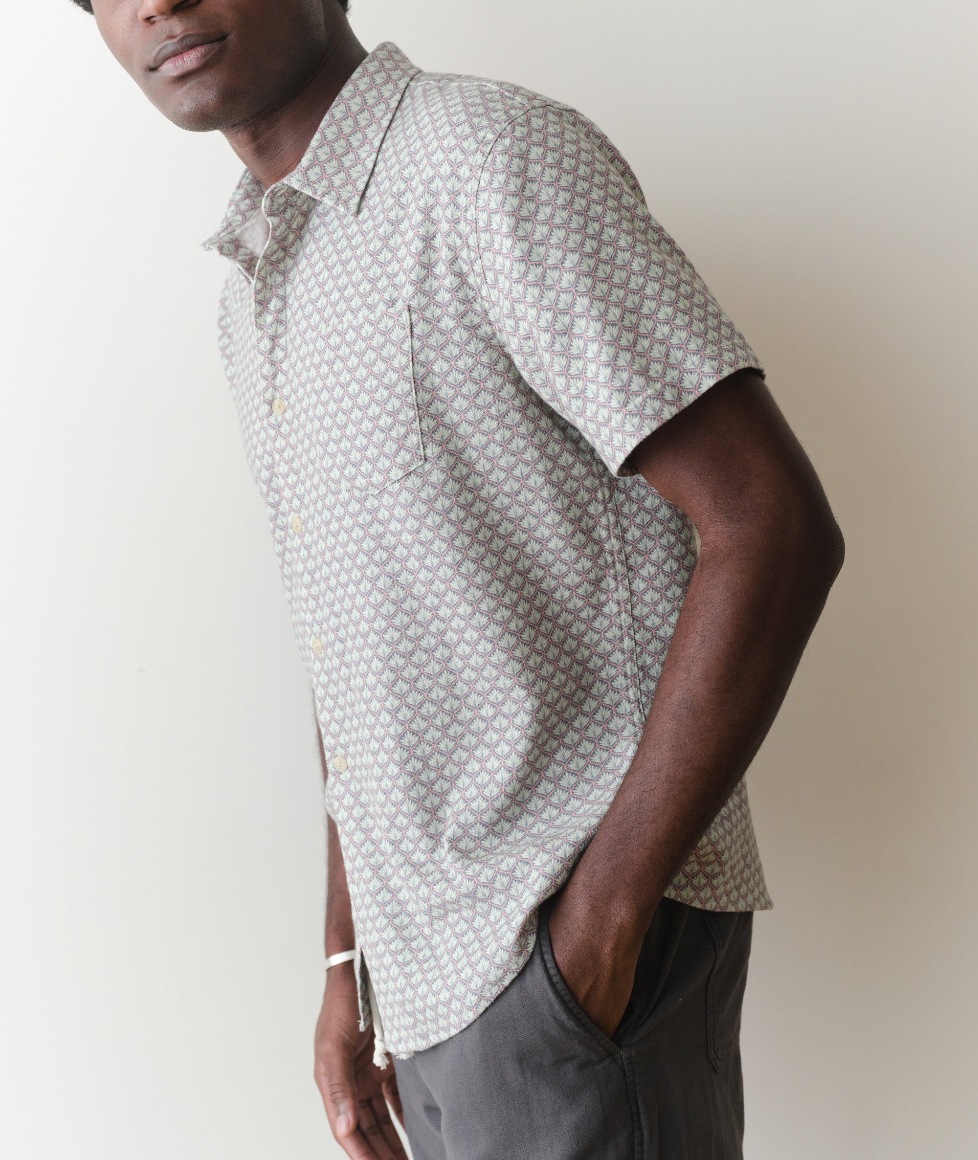 Classic Stretch Selvage Short Sleeve Shirt Light Blue Agave Print