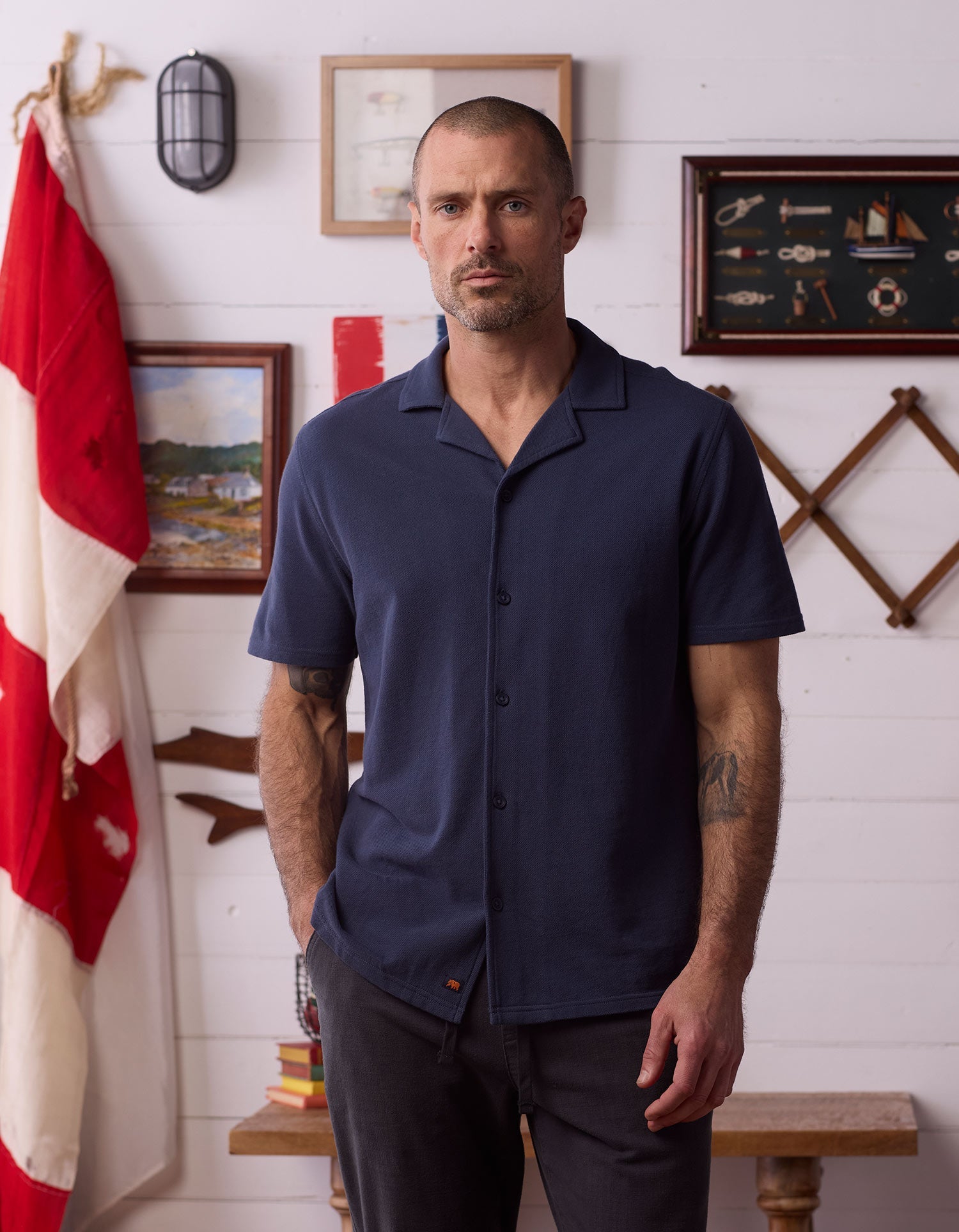 Cotton Pique Camp Shirt Navy