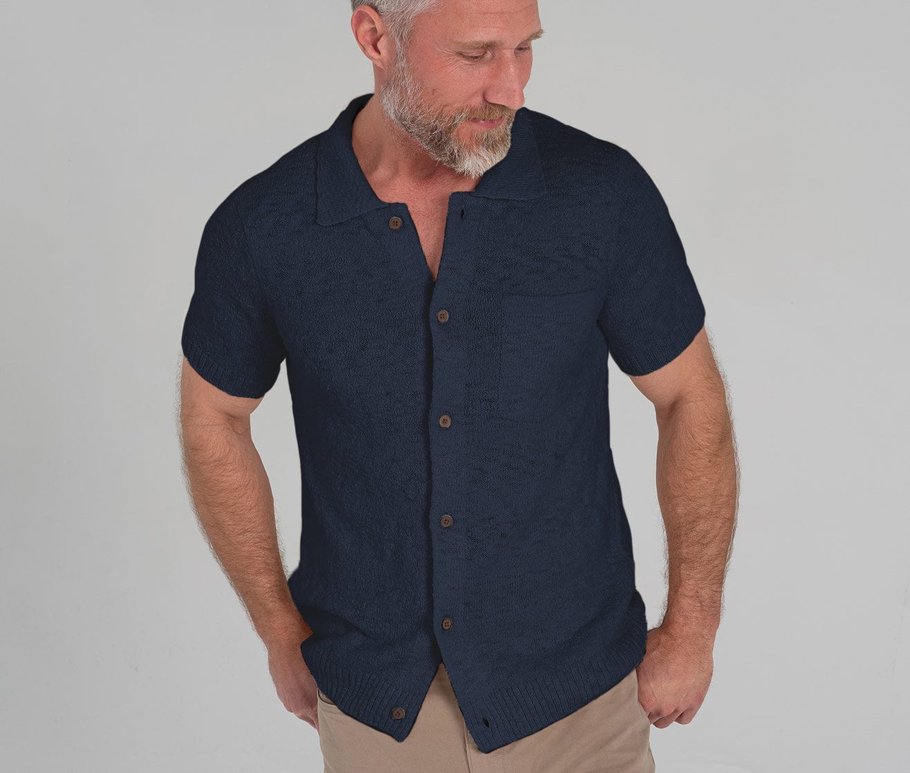 Cabana Texture Button Front Knit Shirt Navy