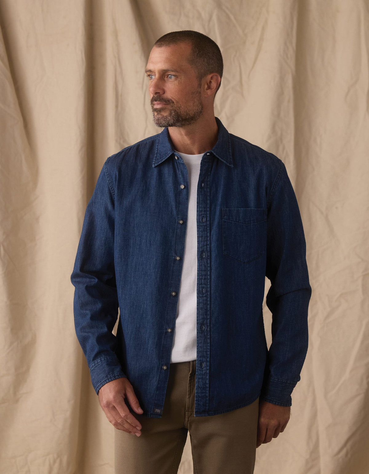Cotton Denim LS Button Up Dark Wash