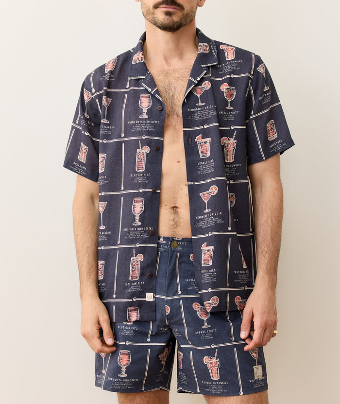 Tencel Linen Resort Shirt Navy Happy Hour Print