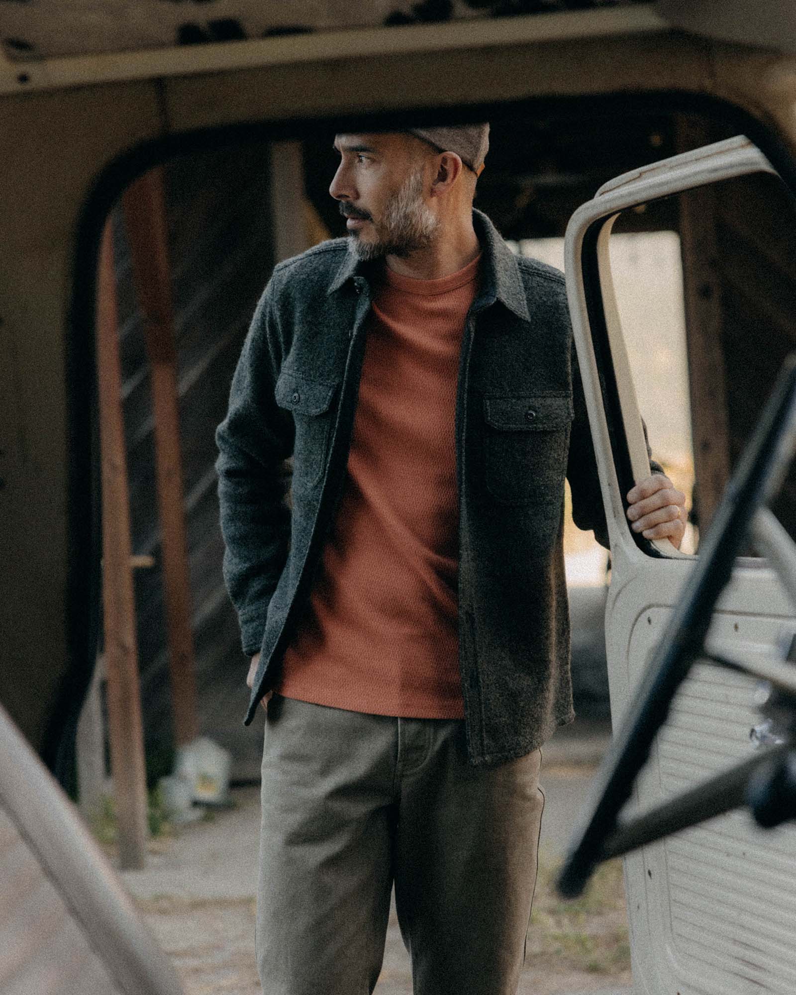 The Connor Overshirt in Boucle Heather Olive