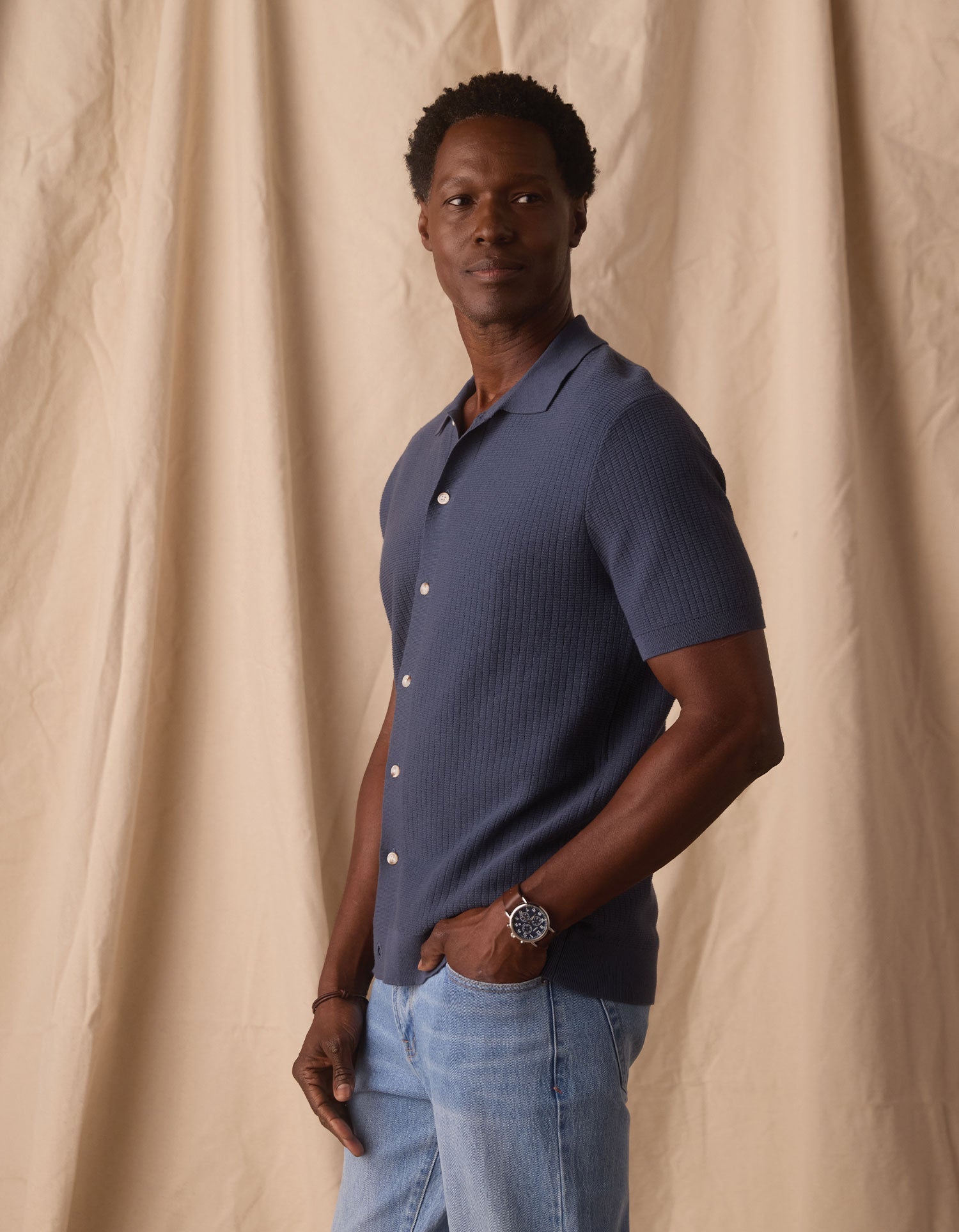 Breezeknit Short Sleeve Button Up Vintage Blue