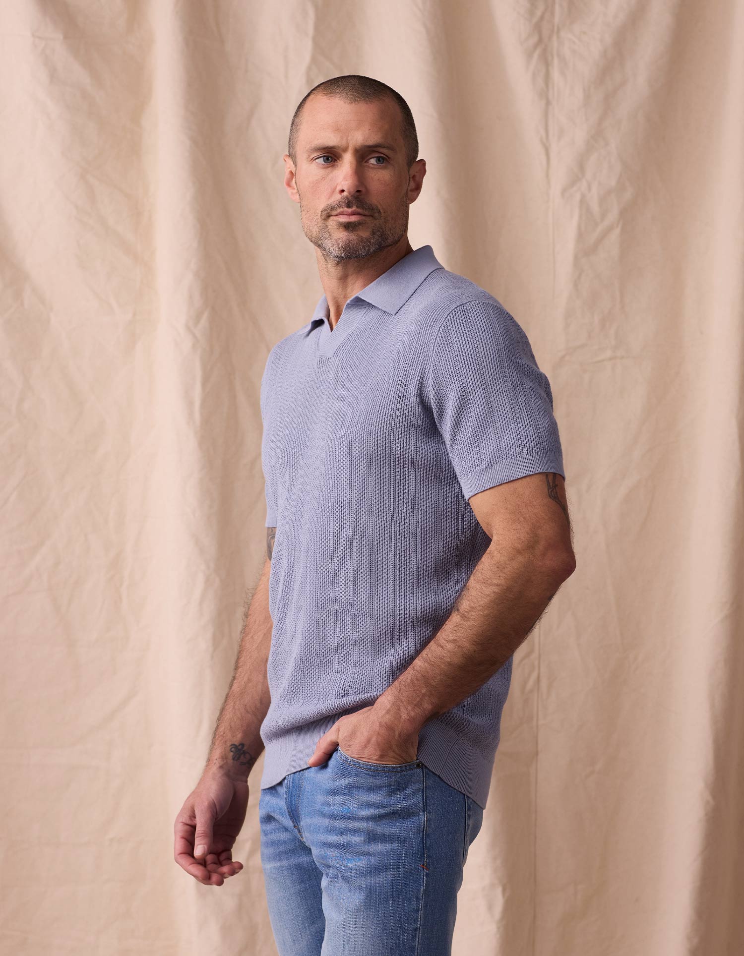 Robles Textured Knit Polo Faded Denim