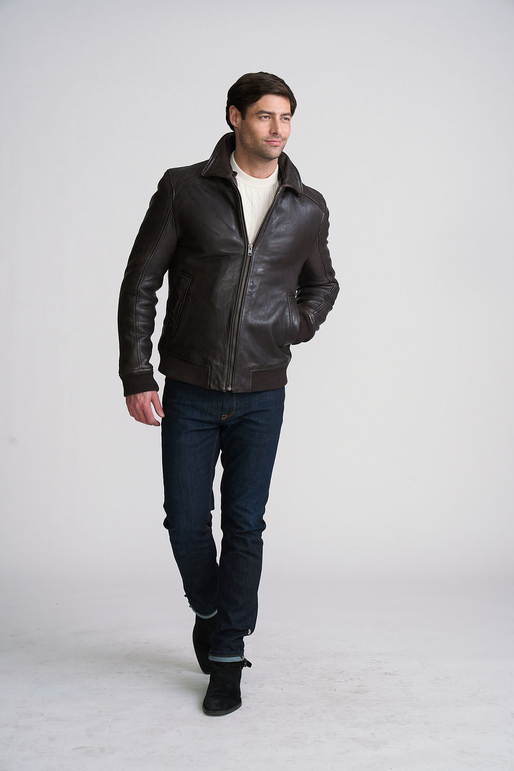 Distressed Leather Shearling Collar Bomber Jacket Dark Chocolate