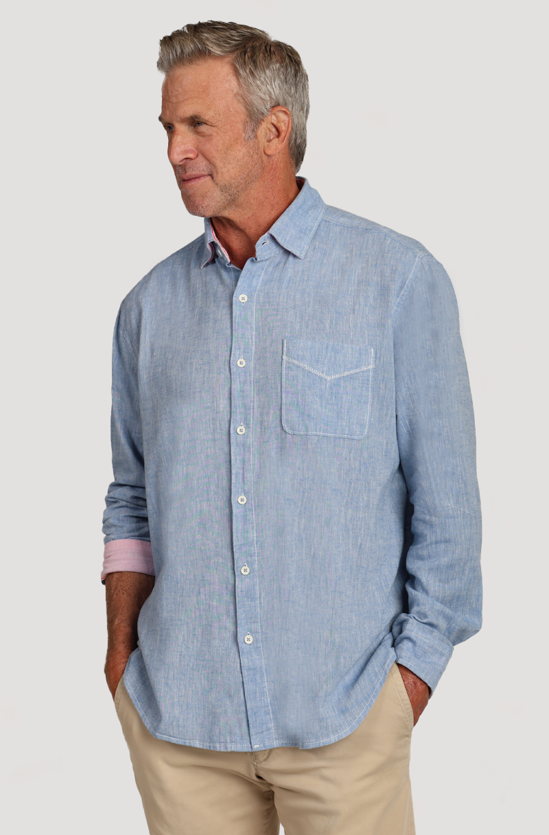 Washed Melange Cotton Linen Shirt Chambray