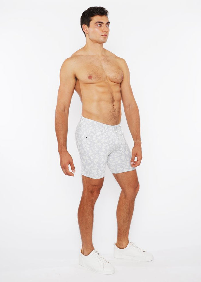 Jacquard Stretch Knit Jean Shorts Grey/Ecru Floral