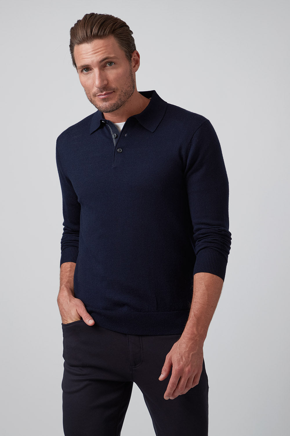 3 Button Merino Polo Navy