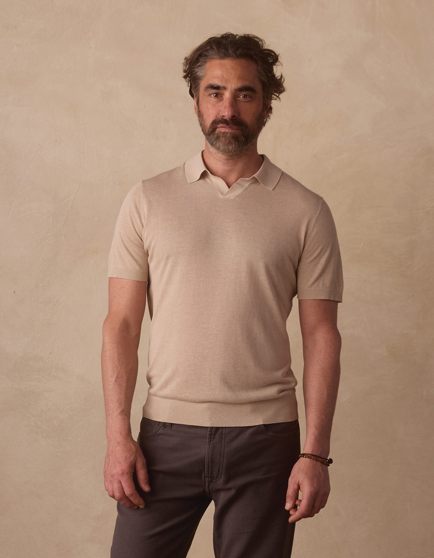 Summer Linen Blend Knit Polo Jute