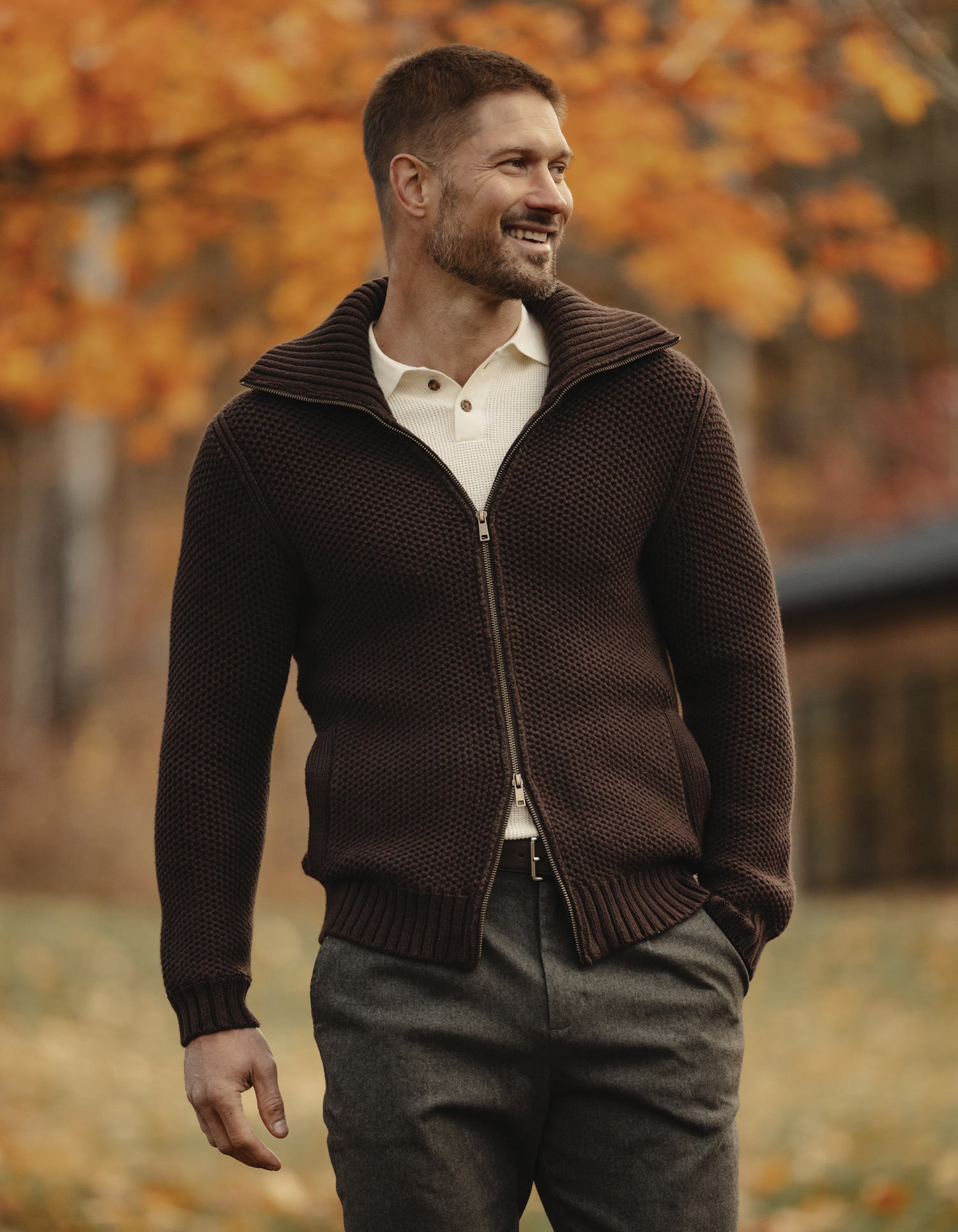 Waffle Sweater Jacket Dark Brown