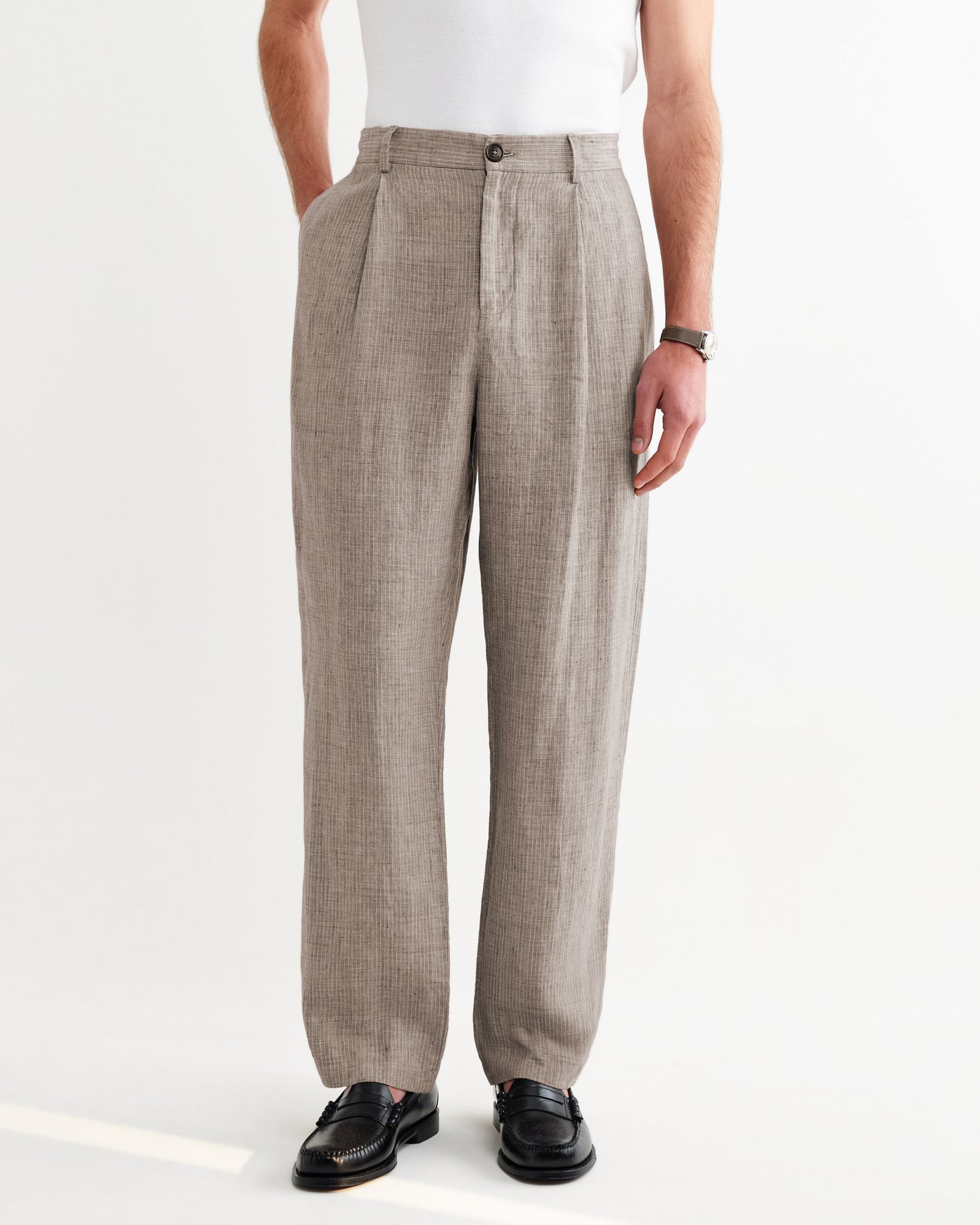 Malham Trouser in Linen Stripe Natural/Brown