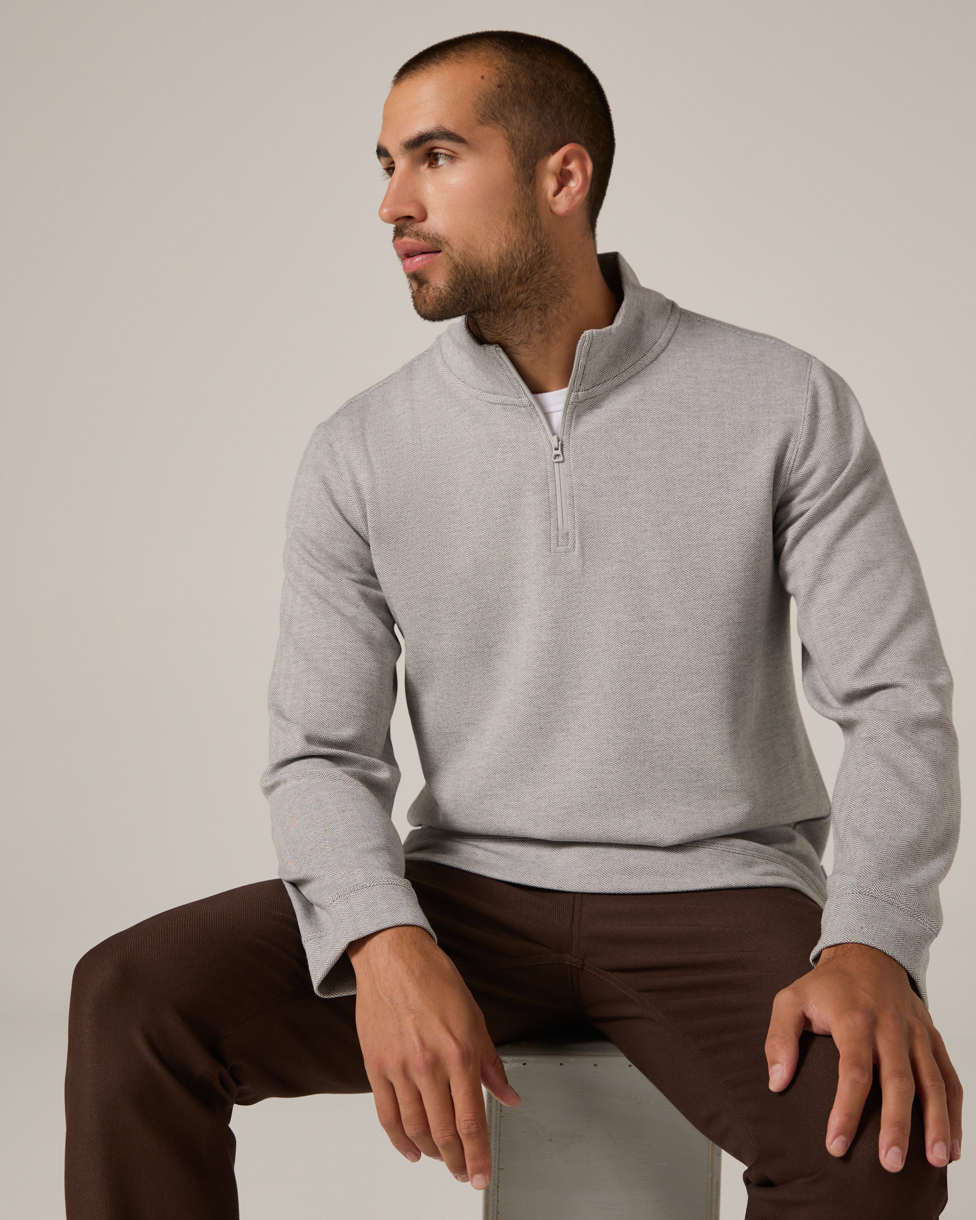 Ember Herringbone Quarter Zip Light Grey