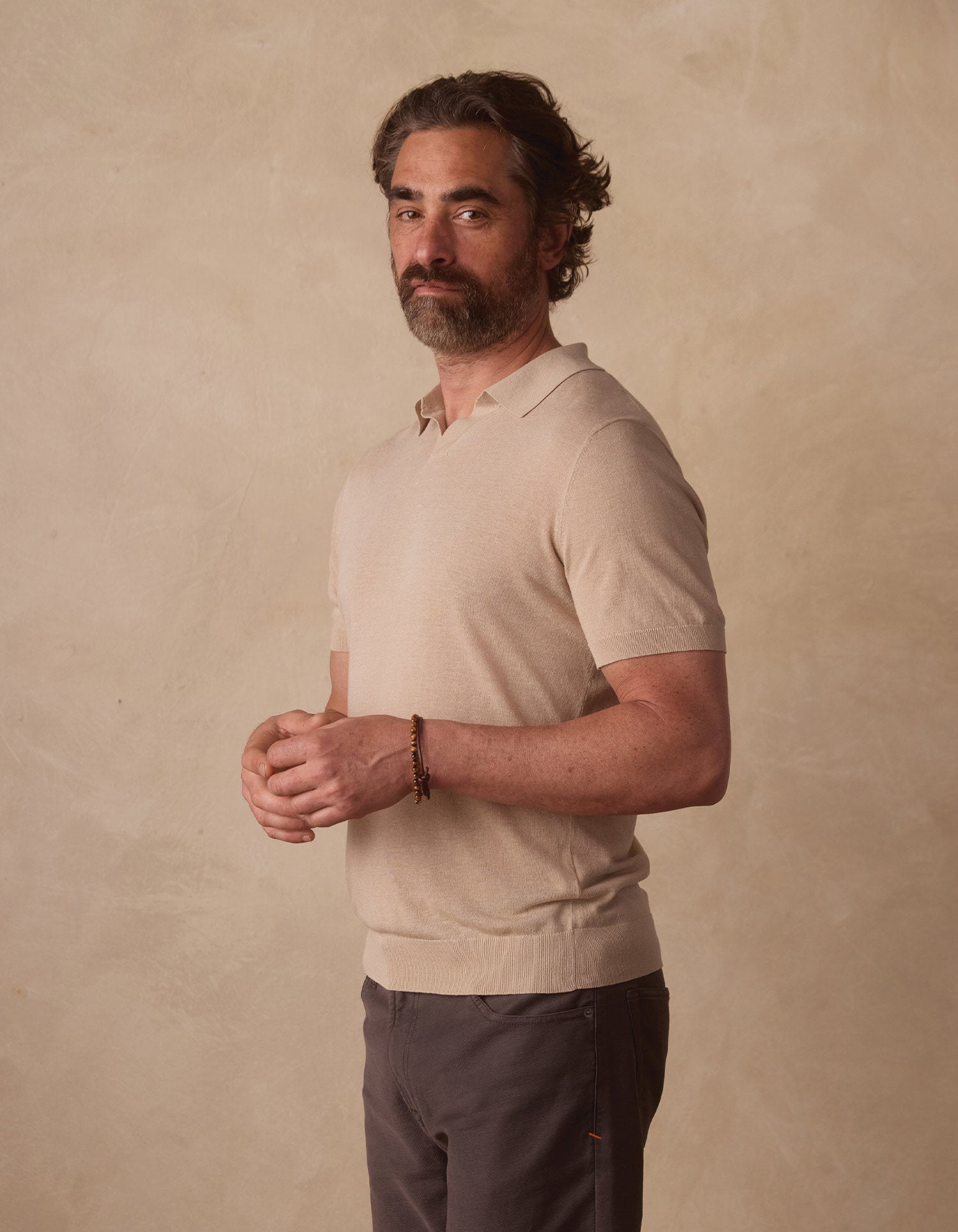 Summer Linen Blend Knit Polo Jute