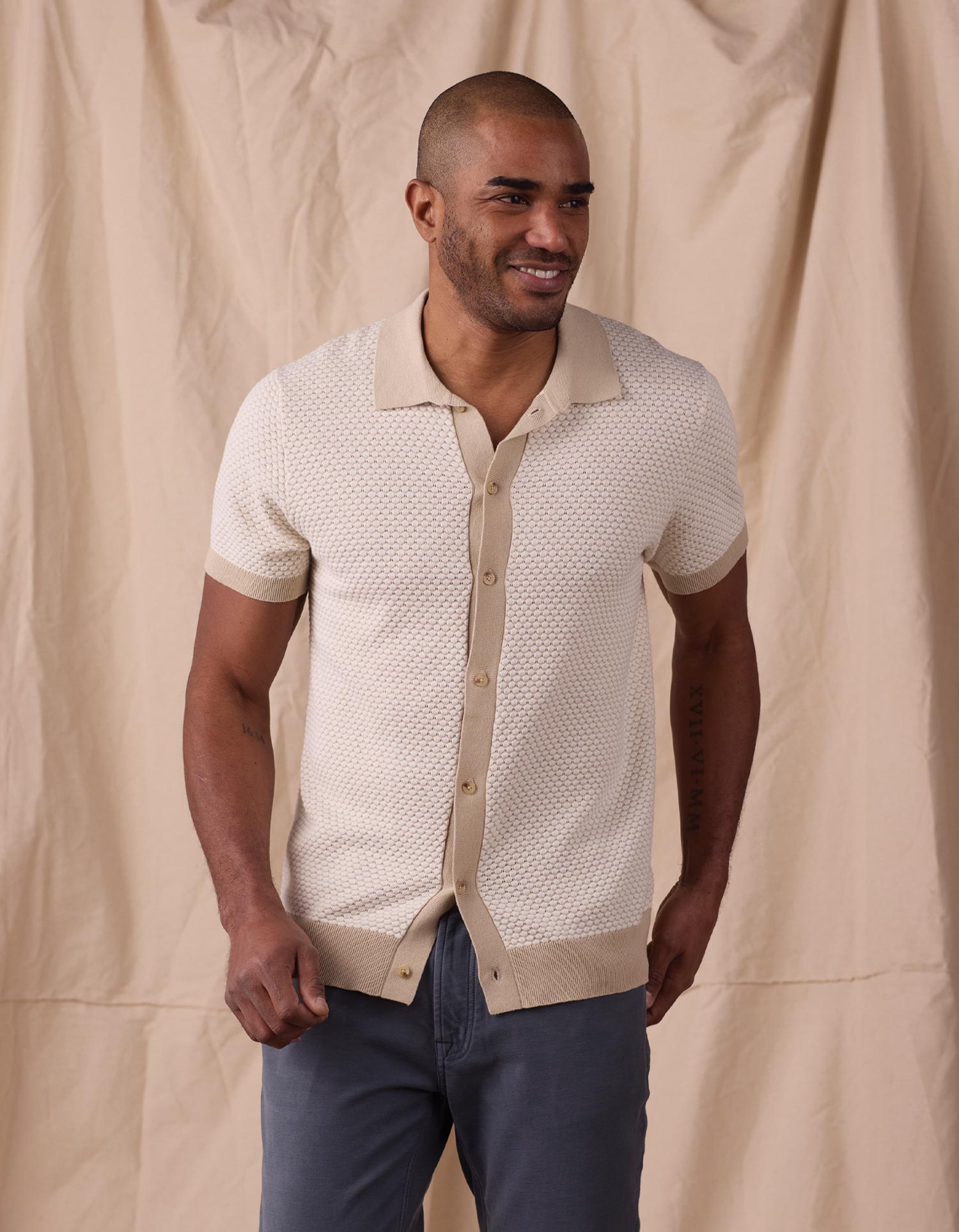 Robles Knit Jacquard Button Up Ivory/Khaki
