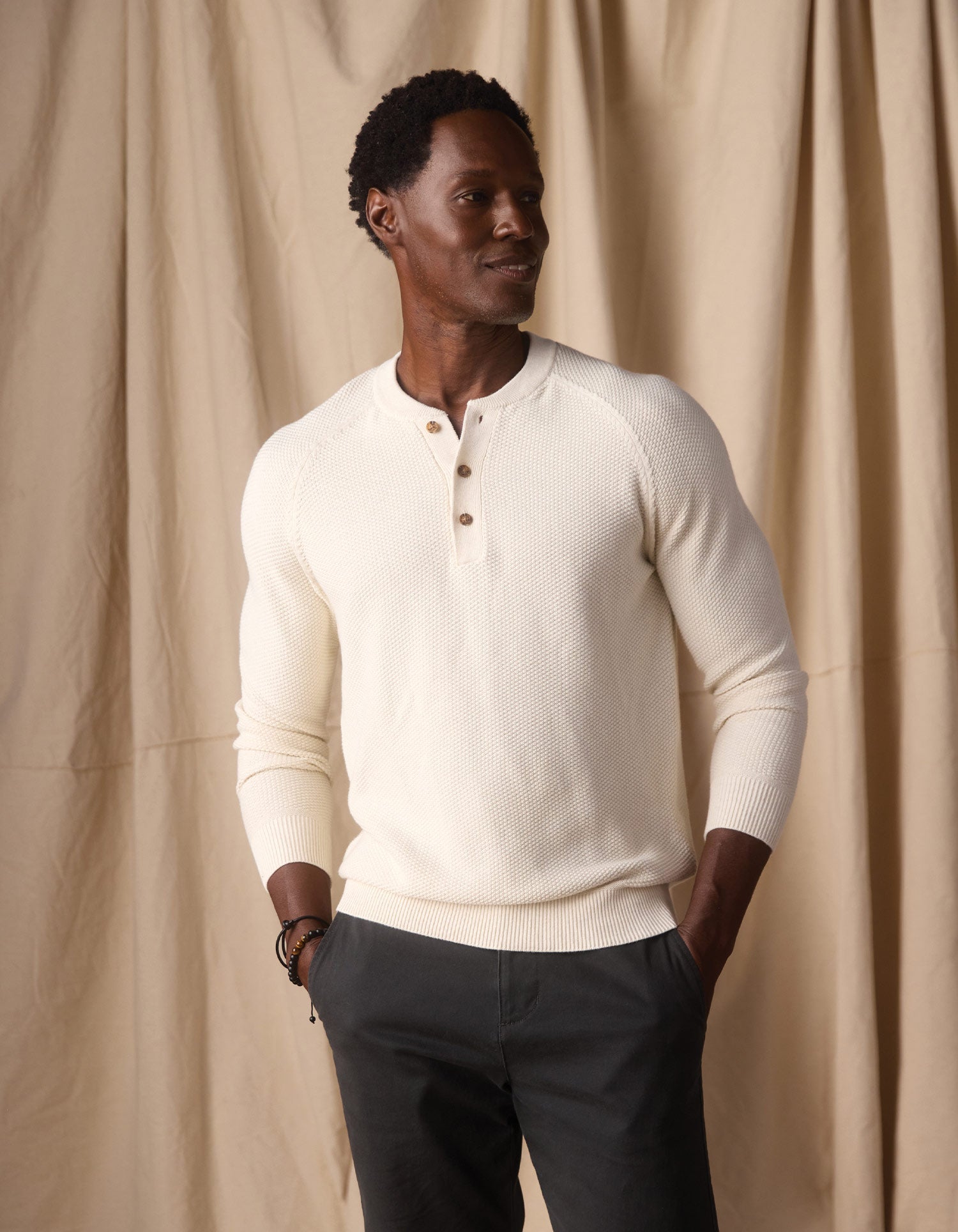 Coolmax Textured Sweater Henley Ivory