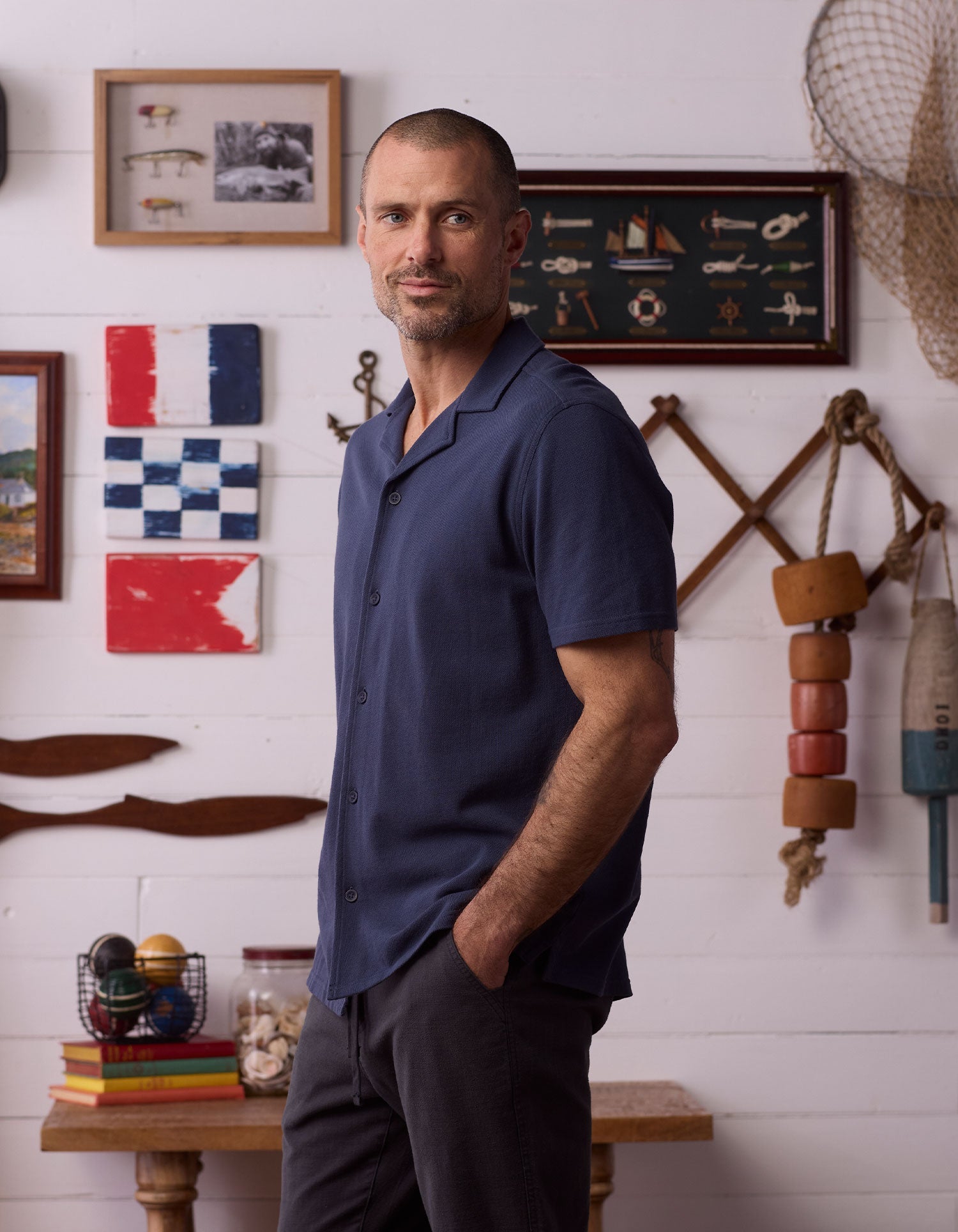 Cotton Pique Camp Shirt Navy