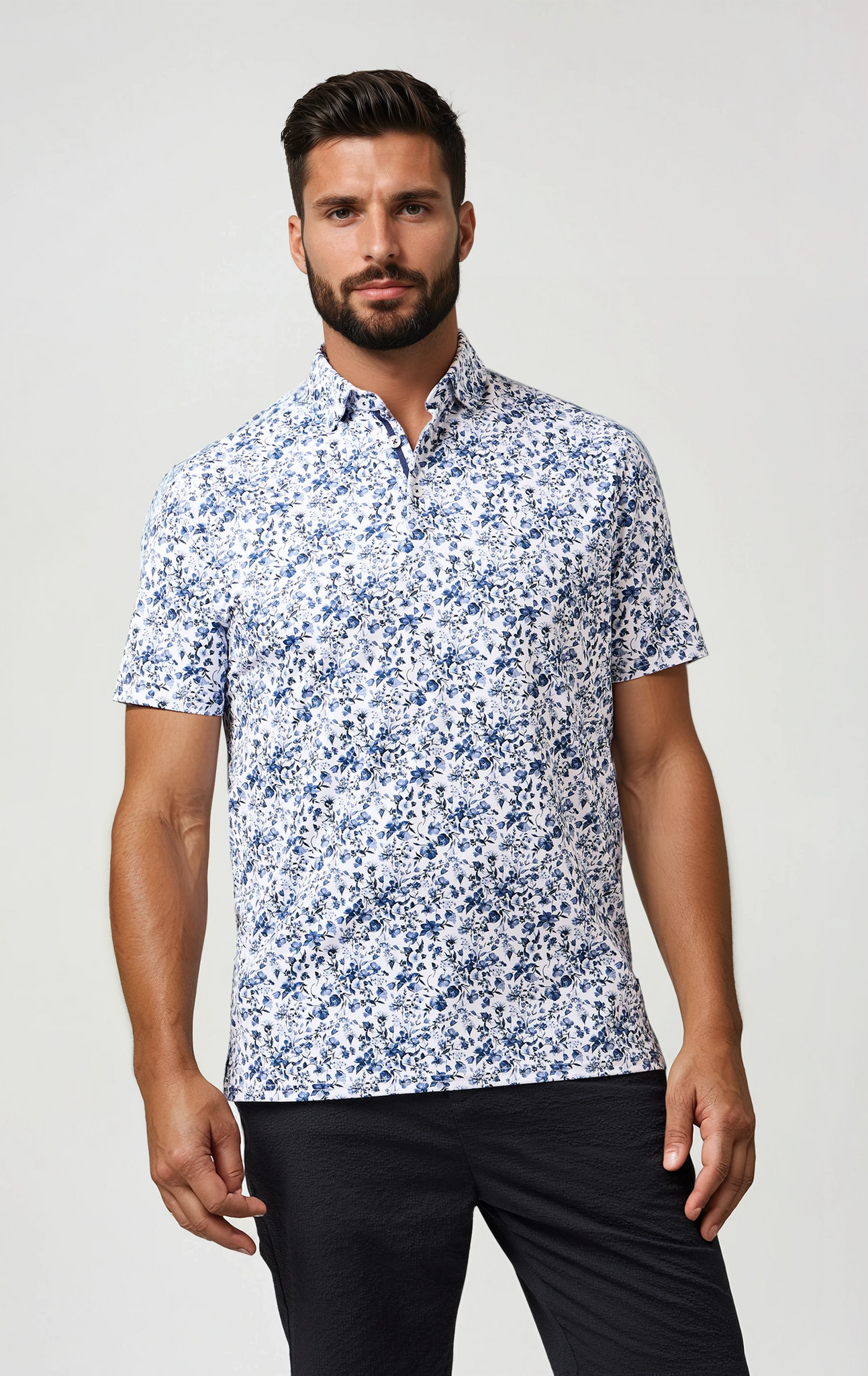 Floral Techno Stretch Polo Medium Blue