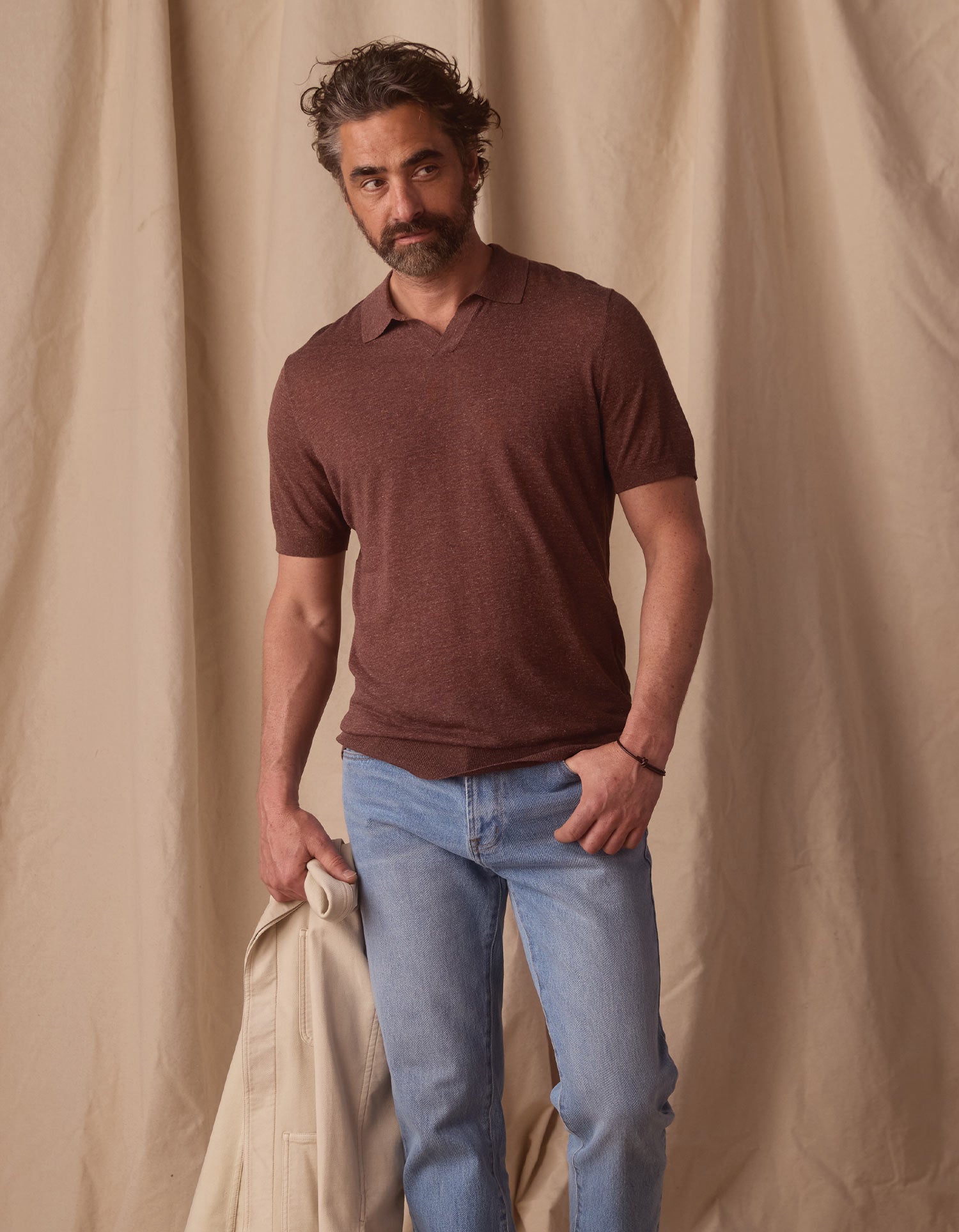 Summer Linen Blend Knit Polo Espresso