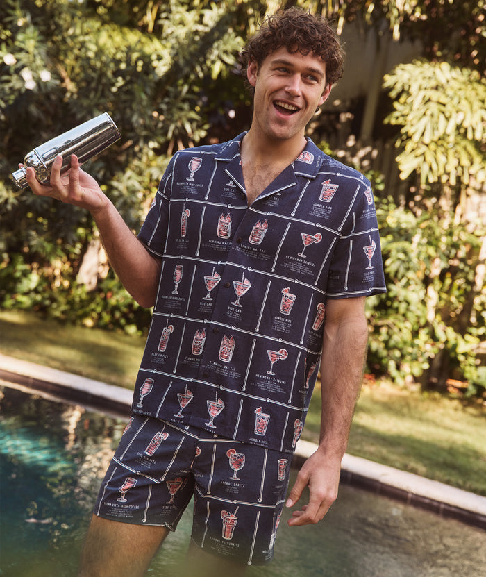 Tencel Linen Resort Shirt Navy Happy Hour Print