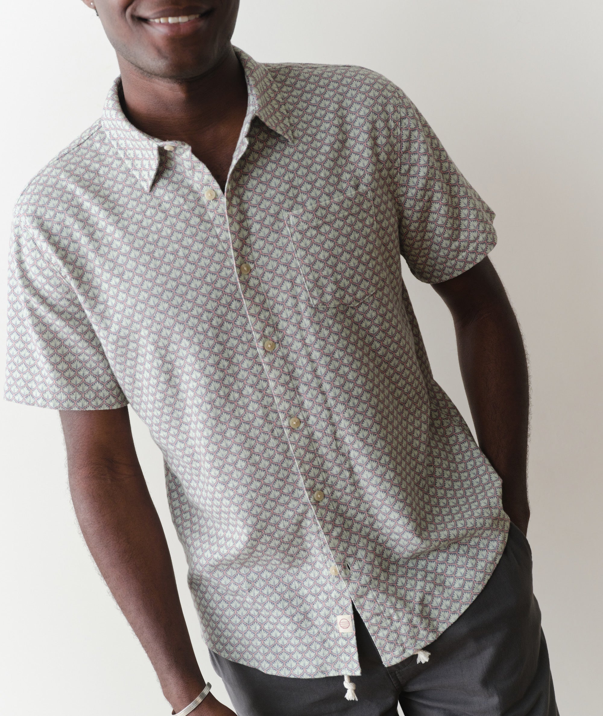 Classic Stretch Selvage Short Sleeve Shirt Light Blue Agave Print