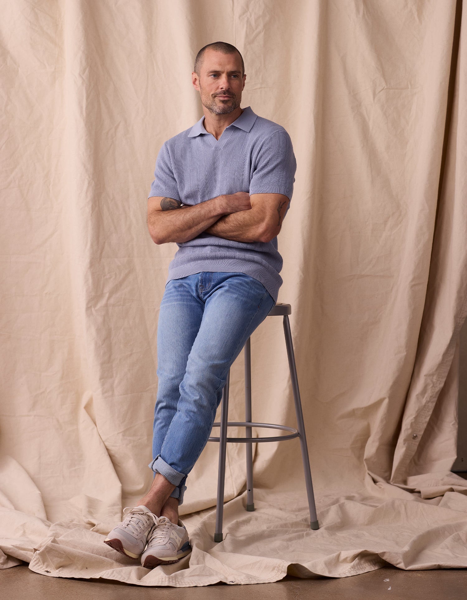 Robles Textured Knit Polo Faded Denim