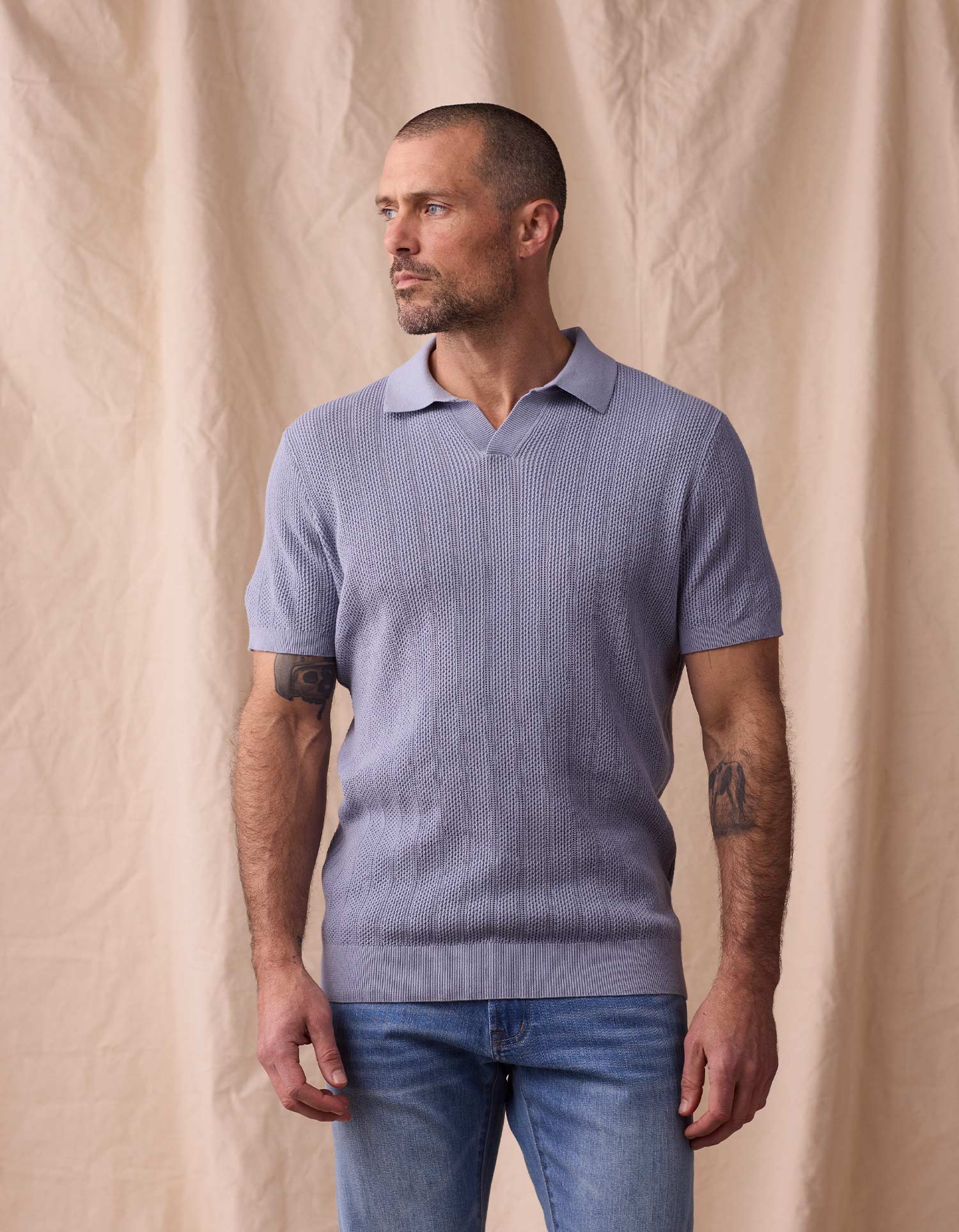 Robles Textured Knit Polo Faded Denim