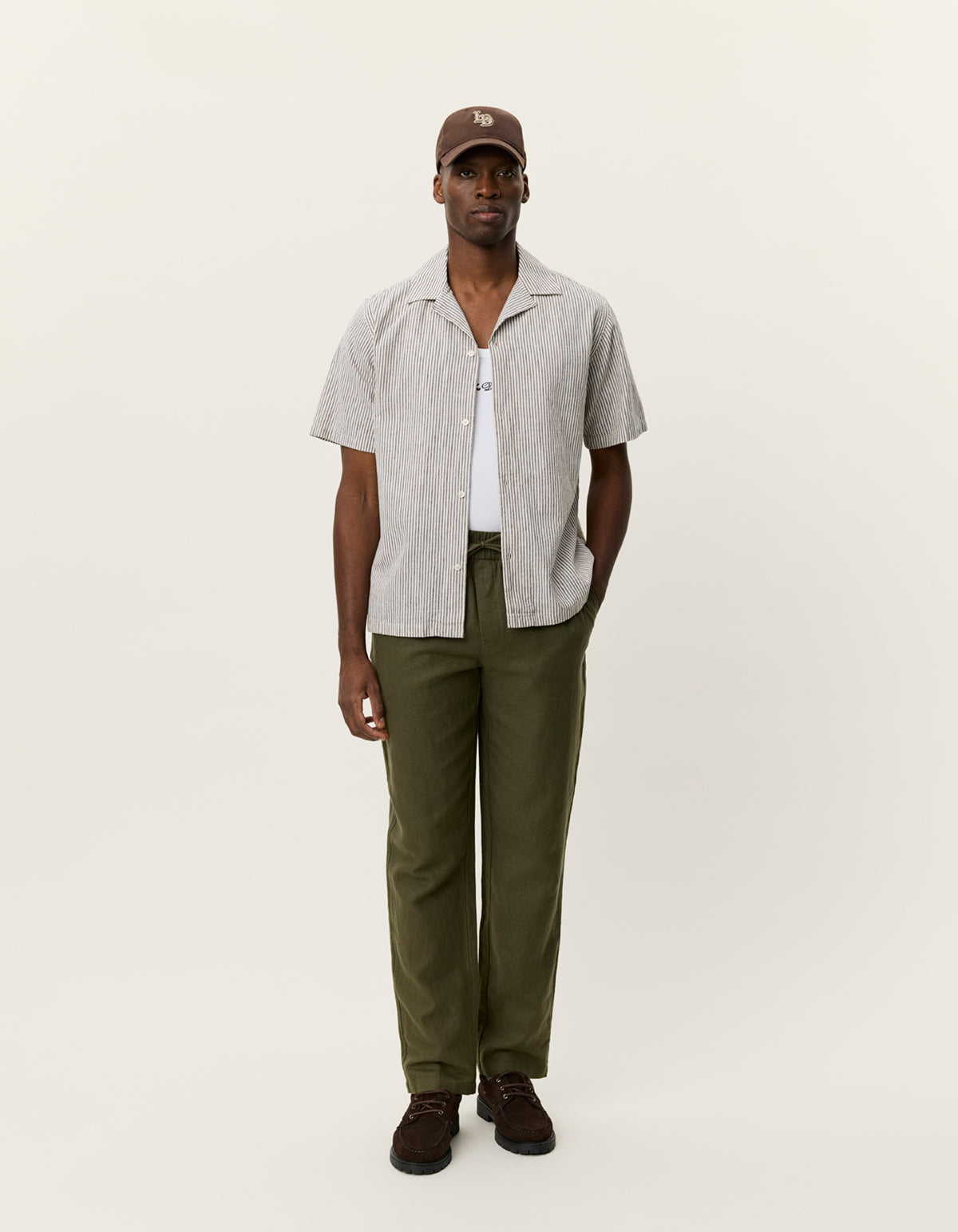 Lukas Stripe Cotton Linen Shirt Teak Brown